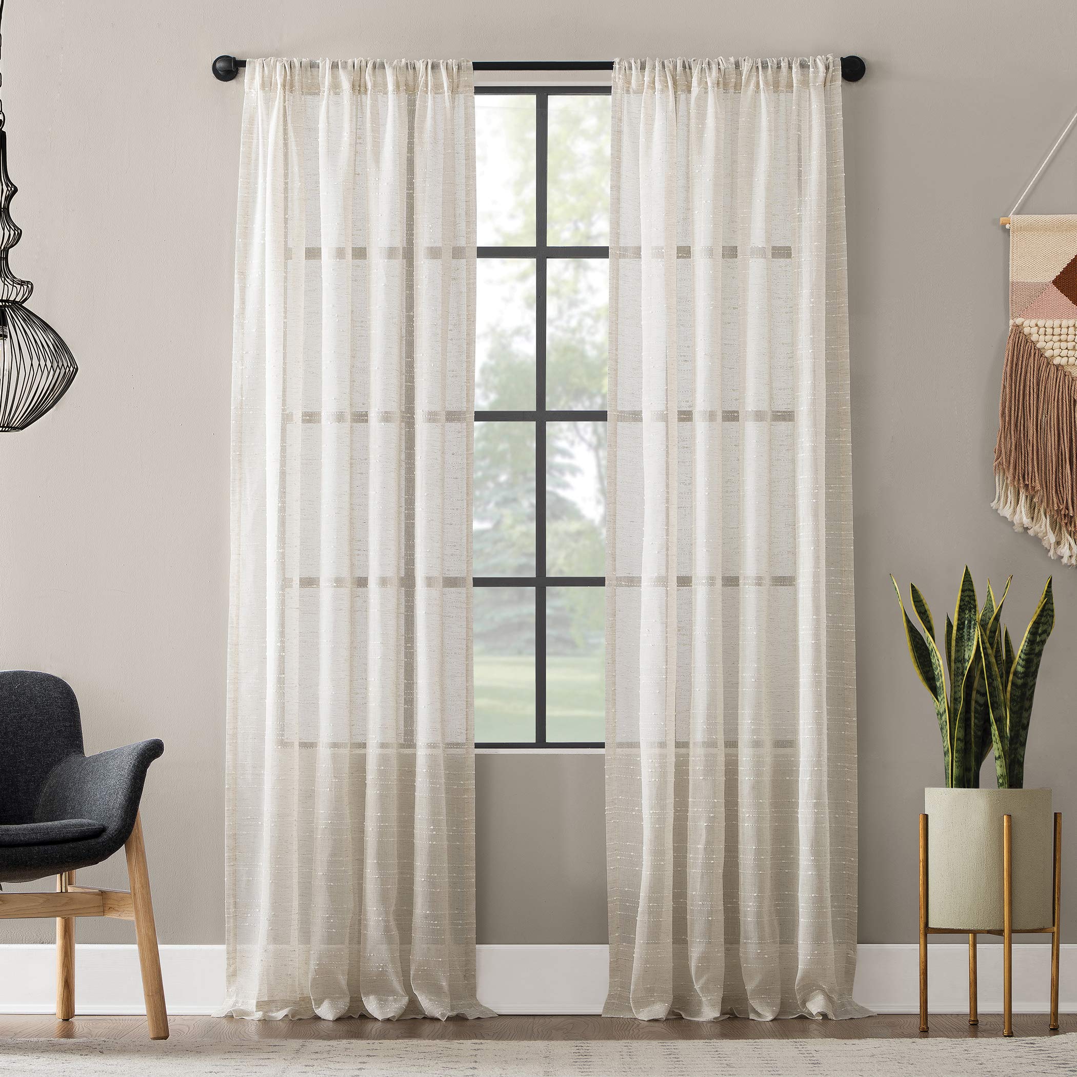 Clean Window Textured Slub Stripe Anti-Dust Allergy/Pet Friendly Sheer Curtain Panel, 52" x 84", Linen