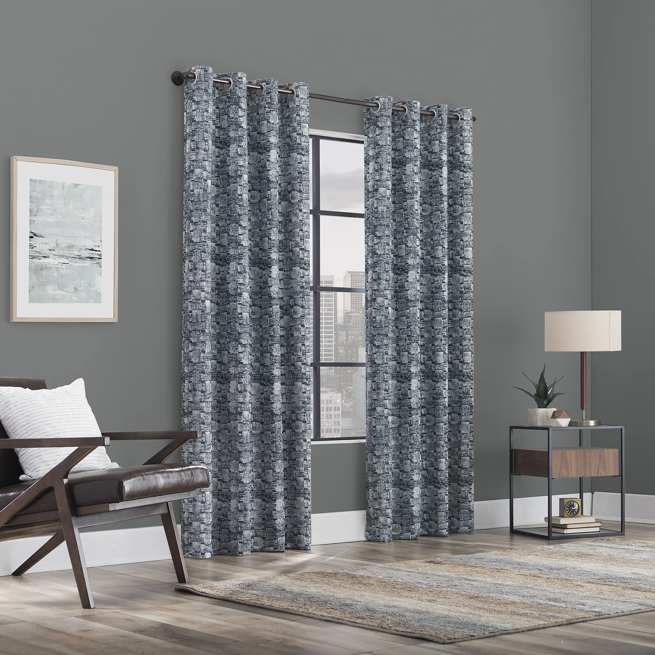 Scott Living Osaka Inverted Brushstrokes Cotton Blend Total Blackout Grommet Curtain Panel, 50" x 96", Blue