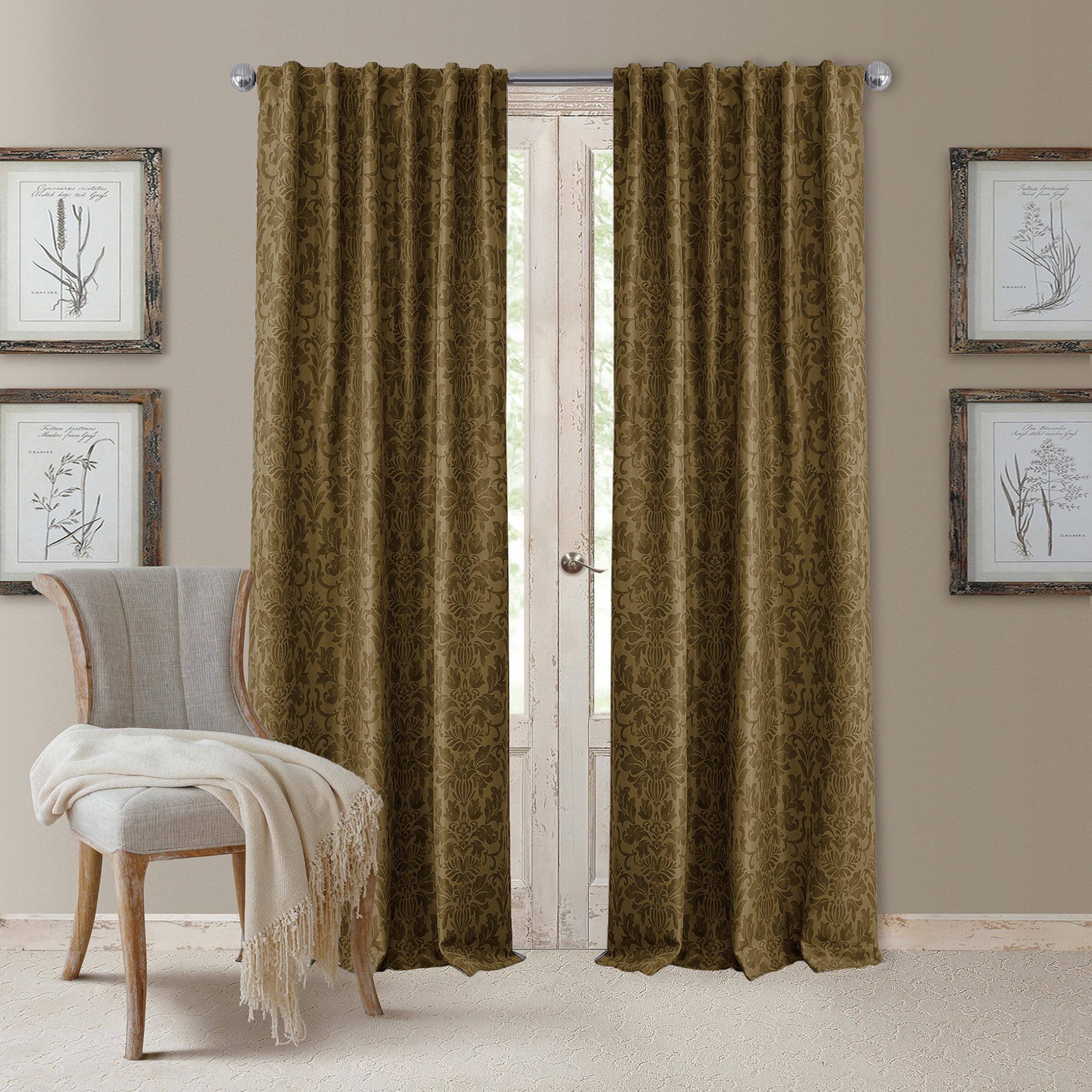 Elrene Home Fashions Antonia Floral Damask Blackout Single Window Curtain Panel, 52"x95", Antique Gold