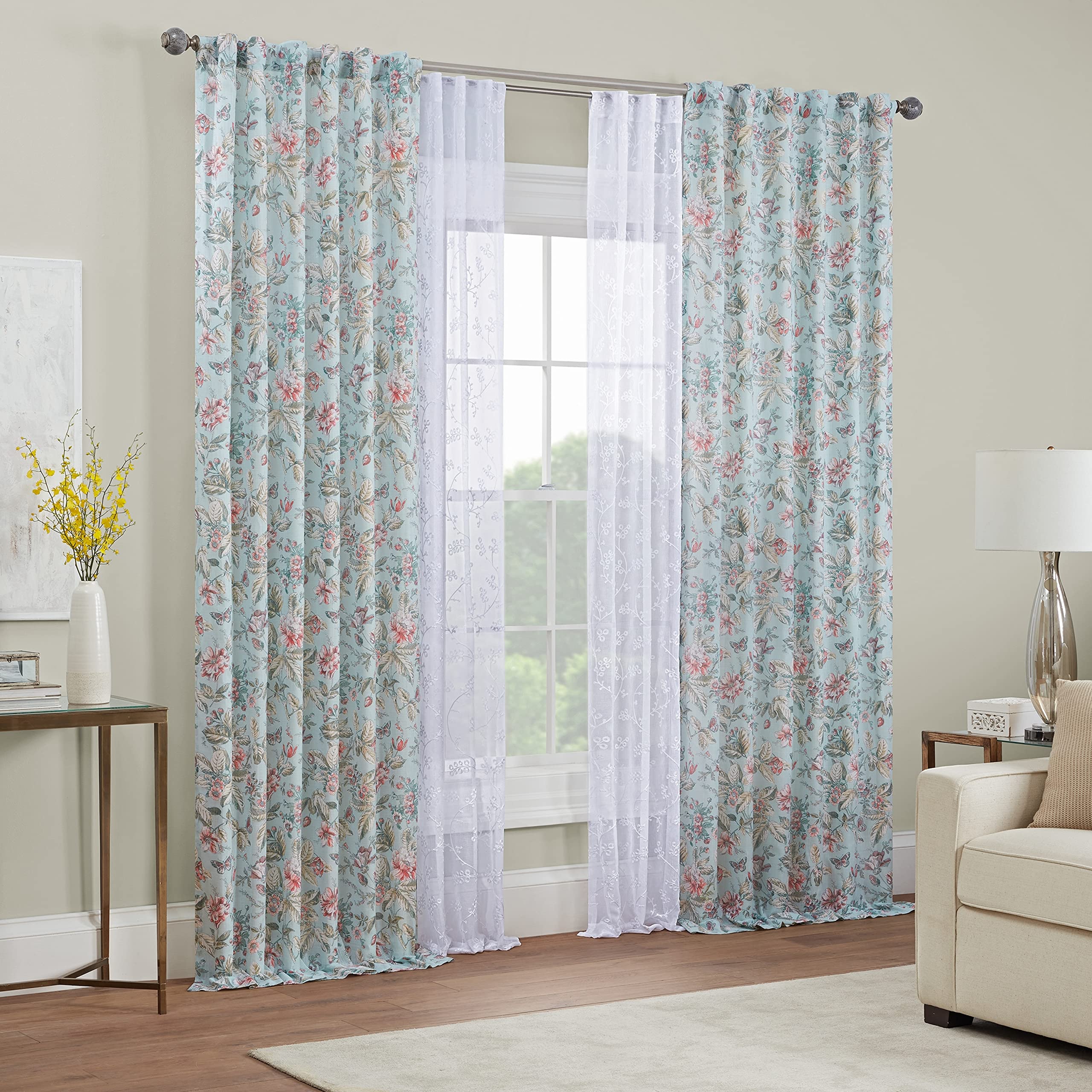 Waverly Porch Pavillion Floral Rod Pocket or Back Tab Sheer Window Curtain for Living Room (1 Panel), 50 in x 84 in, Aqua