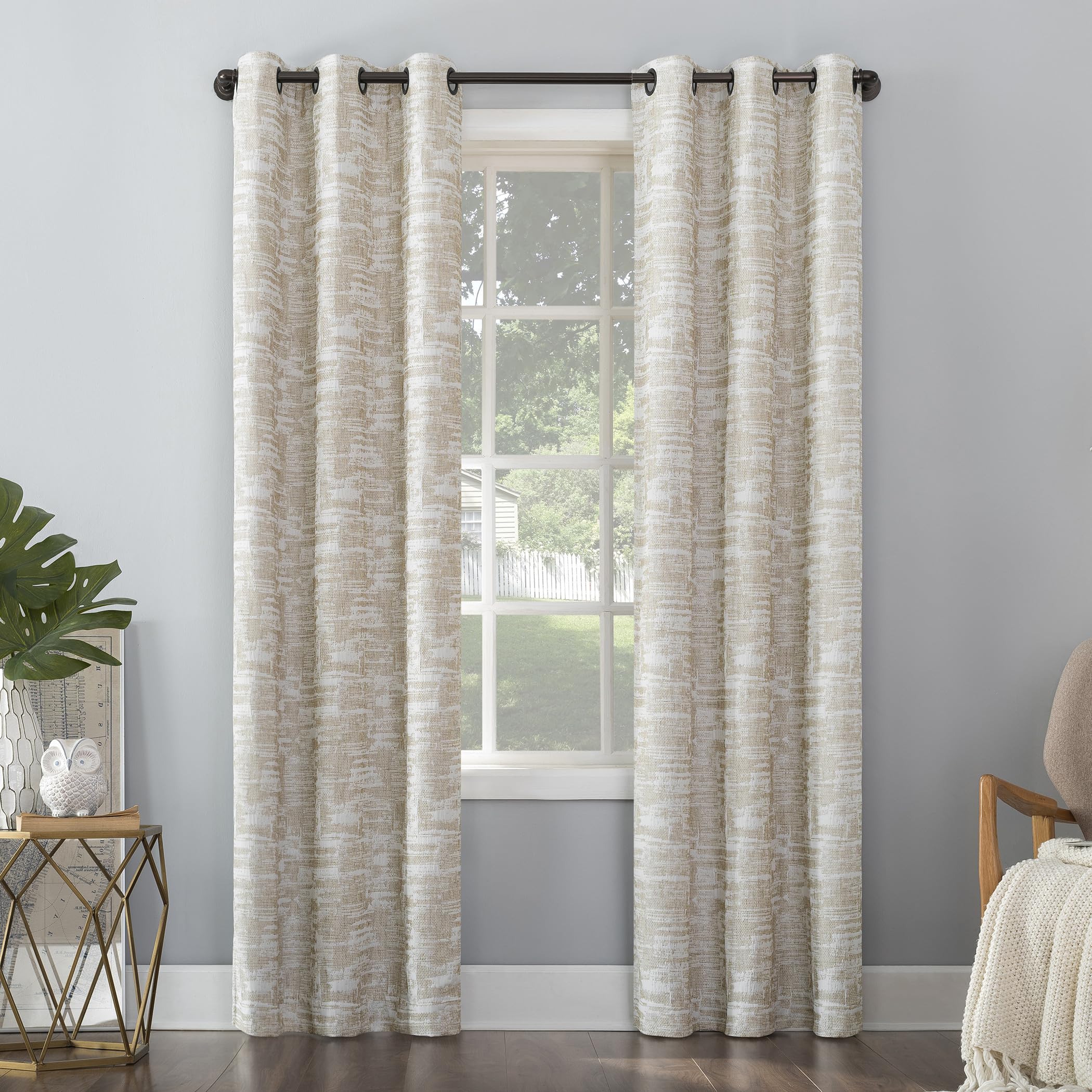 Sun Zero Parrish Distressed Grid Thermal Extreme Total Blackout Grommet Curtain Panel, 40" x 84", Stone