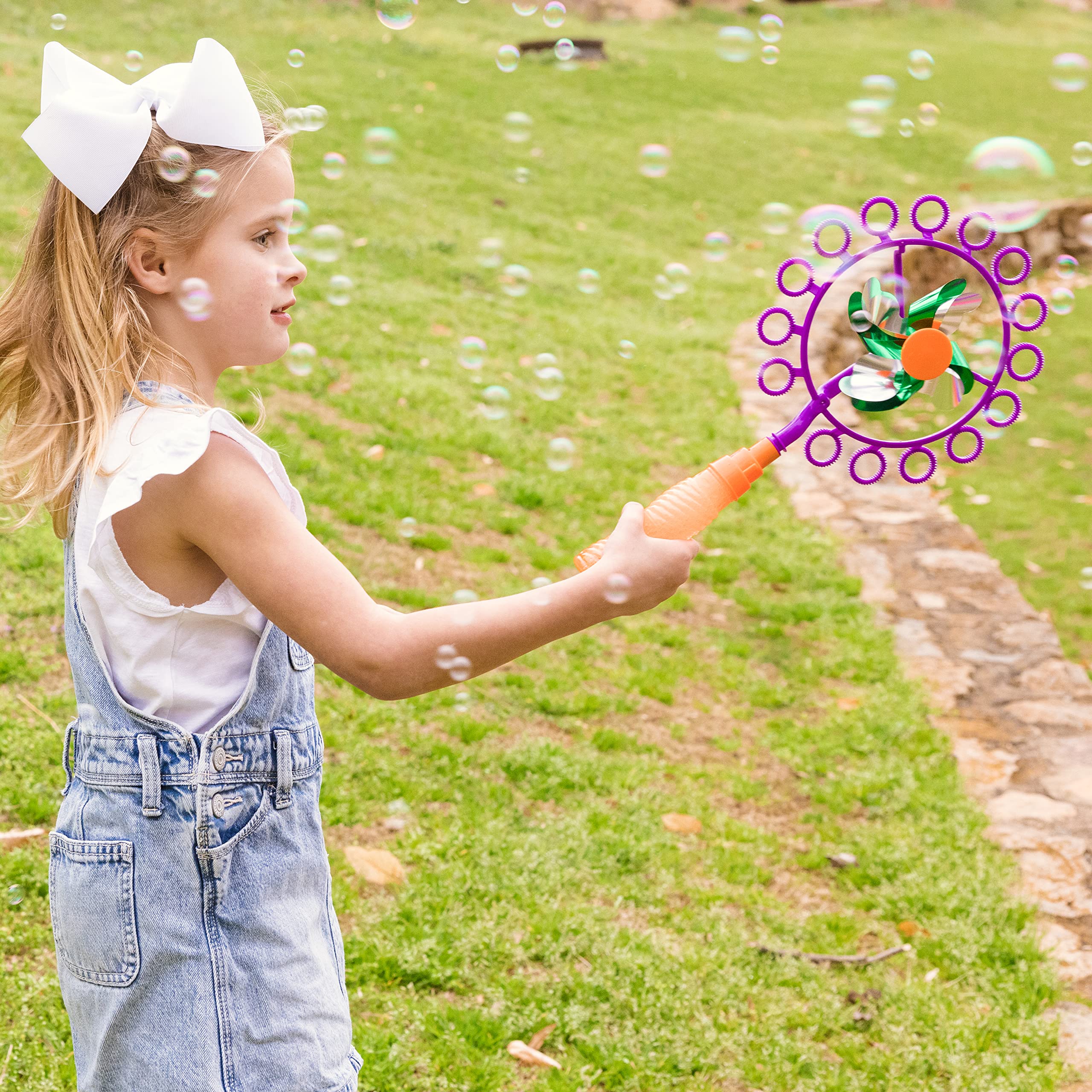 Sunny Days Entertainment Pinwheel Bubble Wand - Bubble Blower and Windmill Spinner - Colors and Styles May Vary