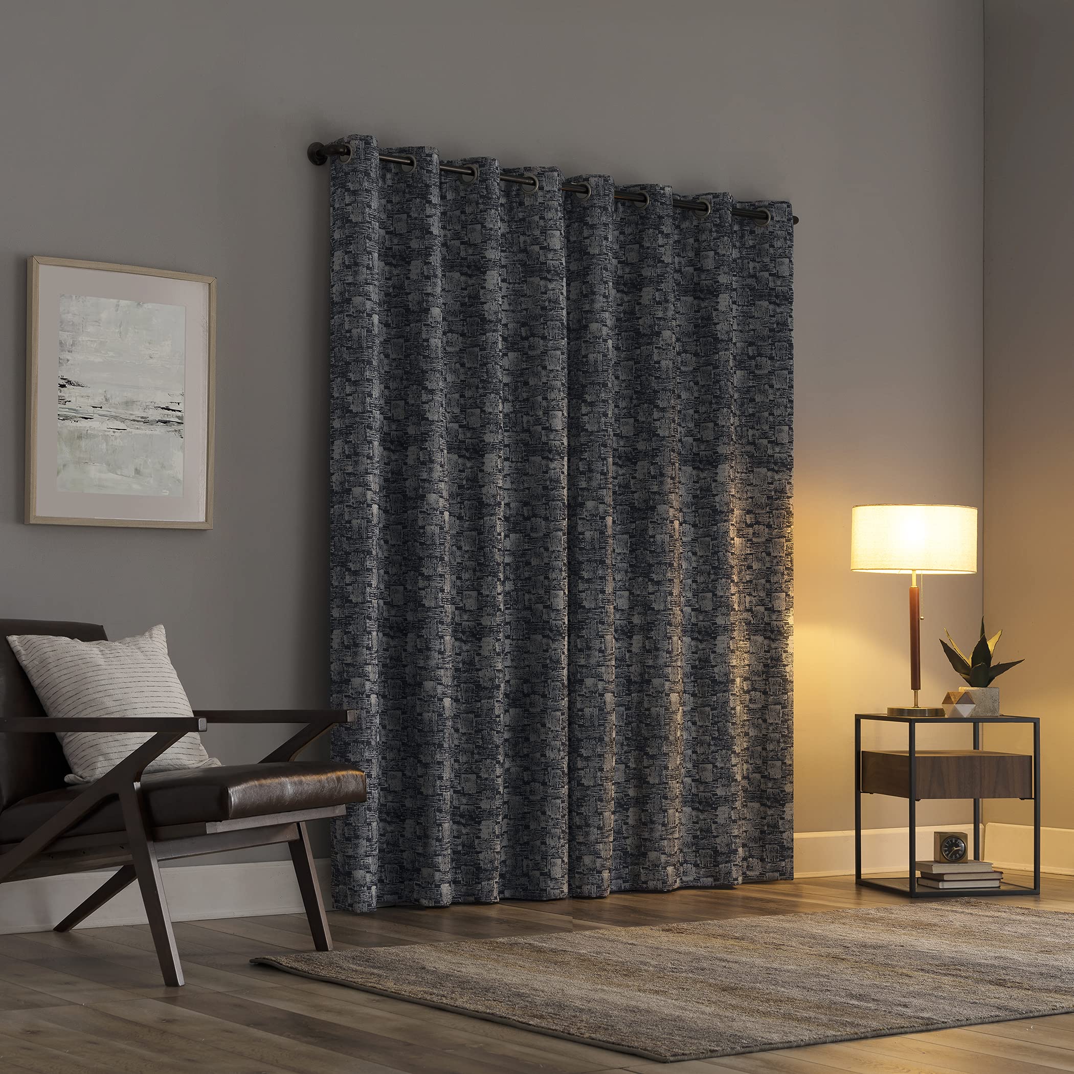 Scott Living Osaka Inverted Brushstrokes Cotton Blend Total Blackout Grommet Curtain Panel, 50" x 96", Blue