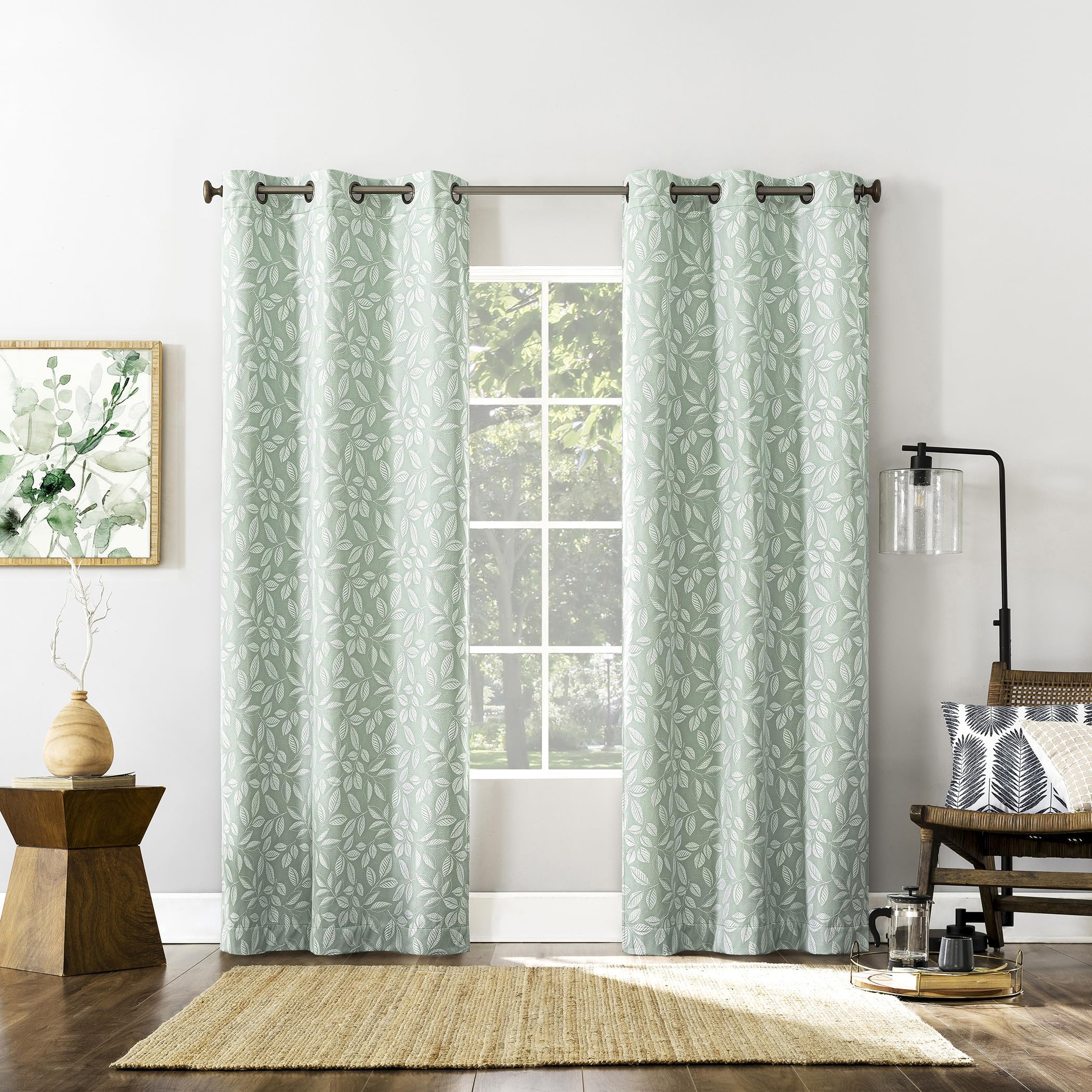 Sun Zero Satti Embroidered Leaf 100% Total Blackout Grommet Curtain Panel, Sage Green, 40" W x 84" L (1 Panel)