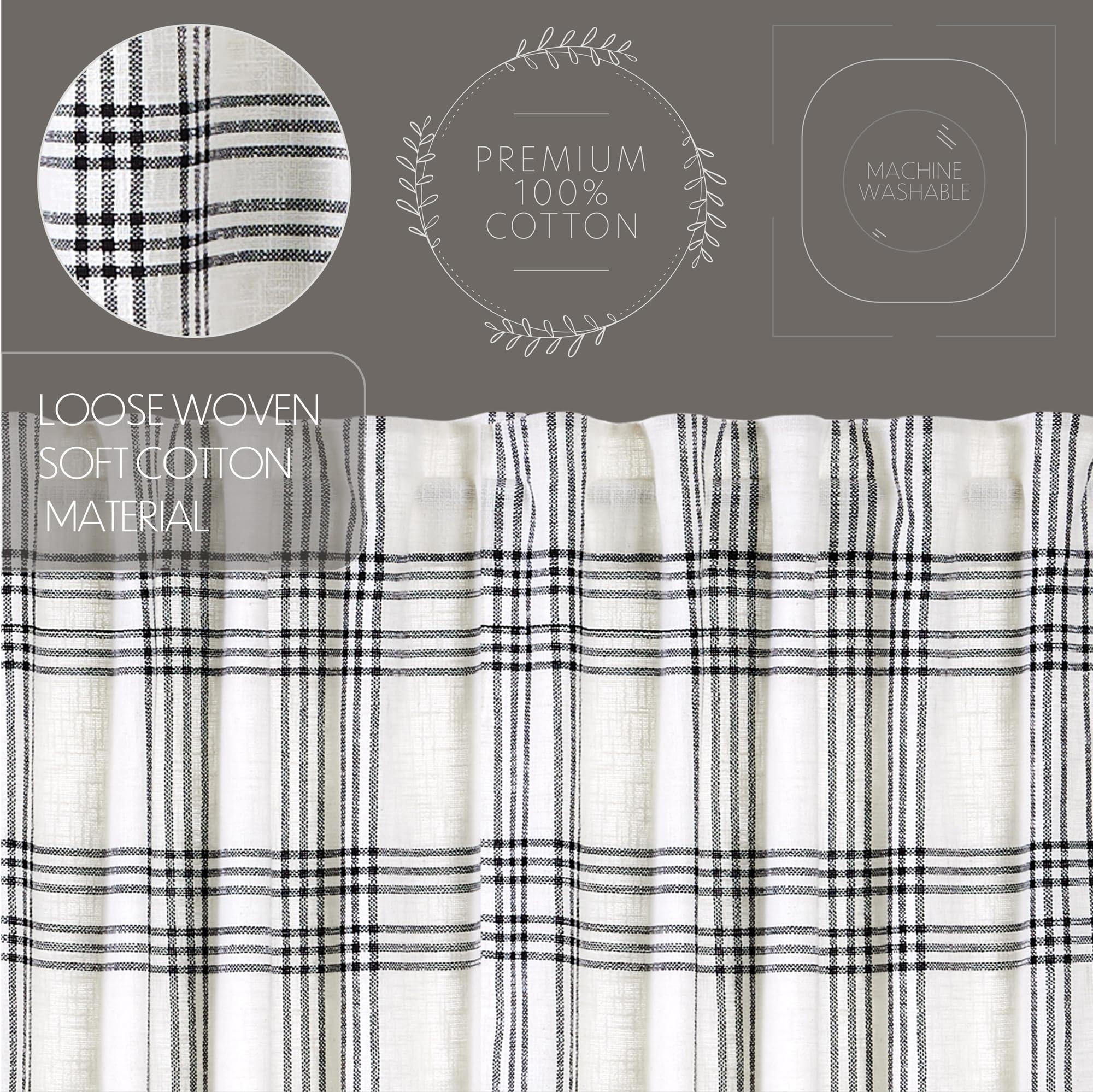 VHC Brands Plaid Curtain Panel, Black, 84x40, Set of 3