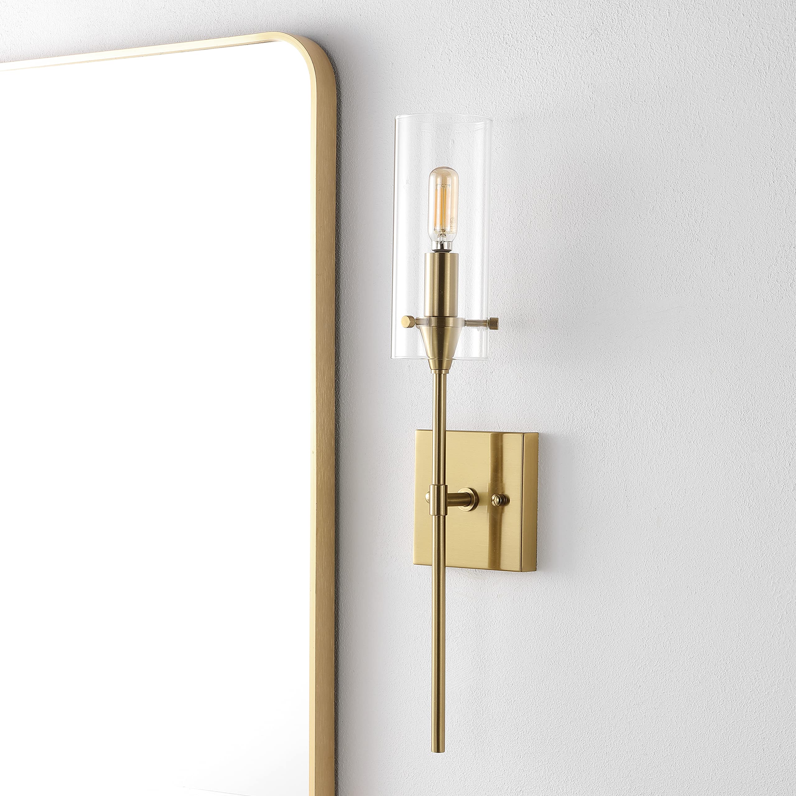 JONATHAN Y JYL7805C Cato 4.5" 1-Light Bohemian Farmhouse Iron/Glass LED Sconce Modern Contemporary 2700K 40W Bulb Entryway Lobby Kitchen Bathroom Bedroom Living Room Hallway, Brass Gold/Clear