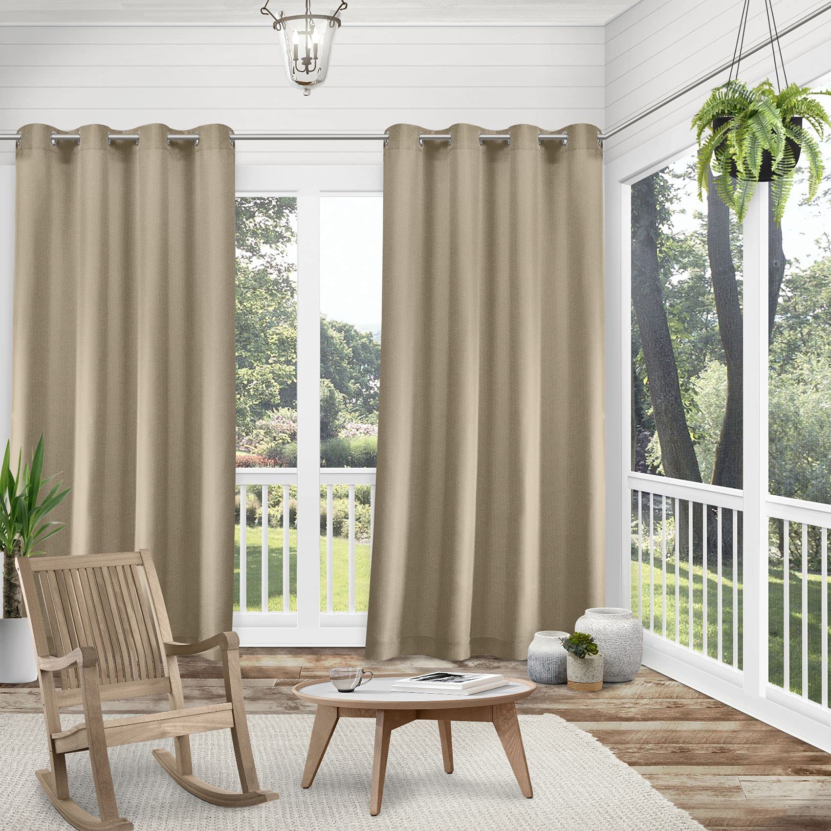 Exclusive Home Biscayne Indoor/Outdoor Two Tone Textured Grommet Top Curtain Panel, 54"x96", Sand, Set of 2