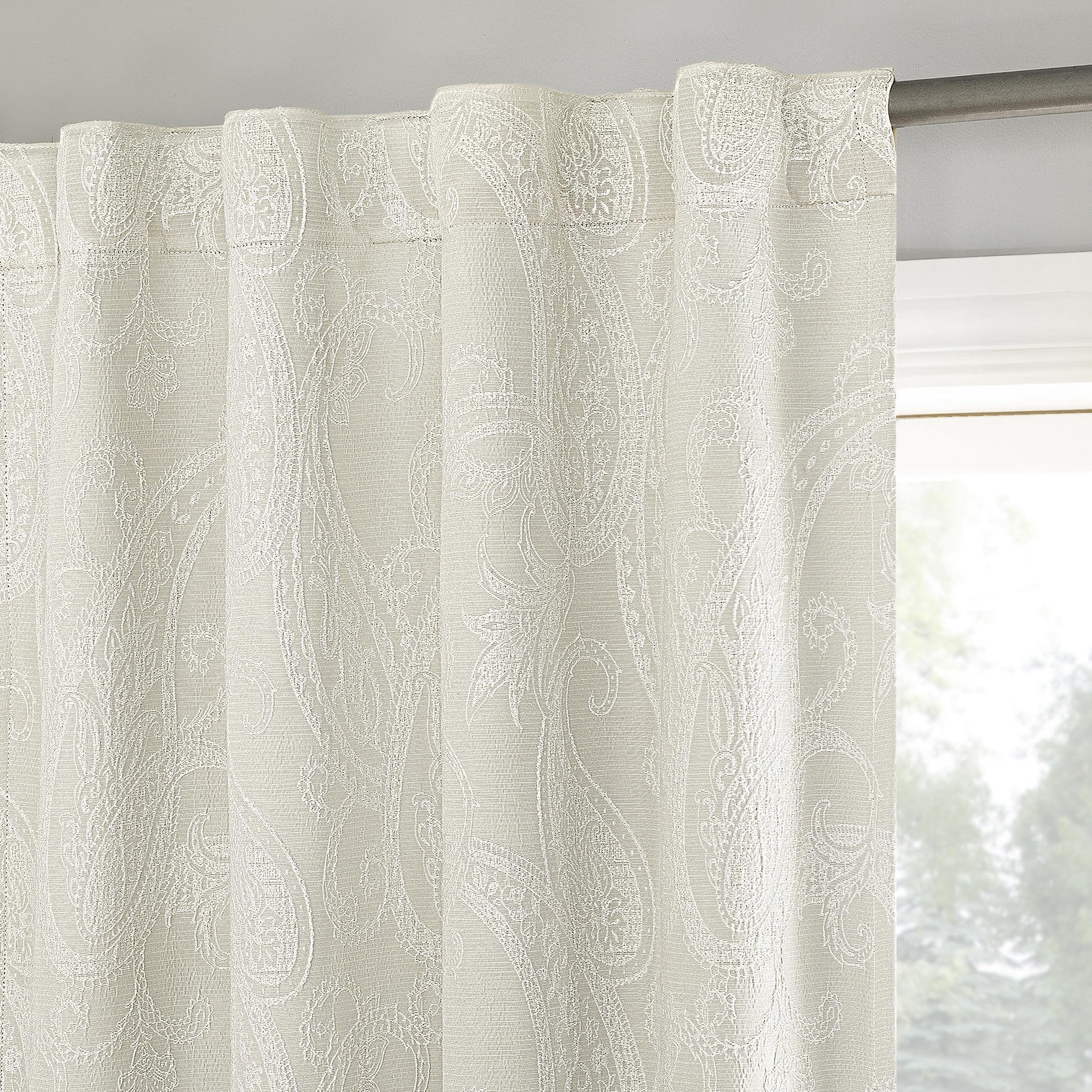 Sun Zero Pedra Paisley Embroidery 100% Blackout Back Tab Curtain Panel, 40" x 84", Pearl White