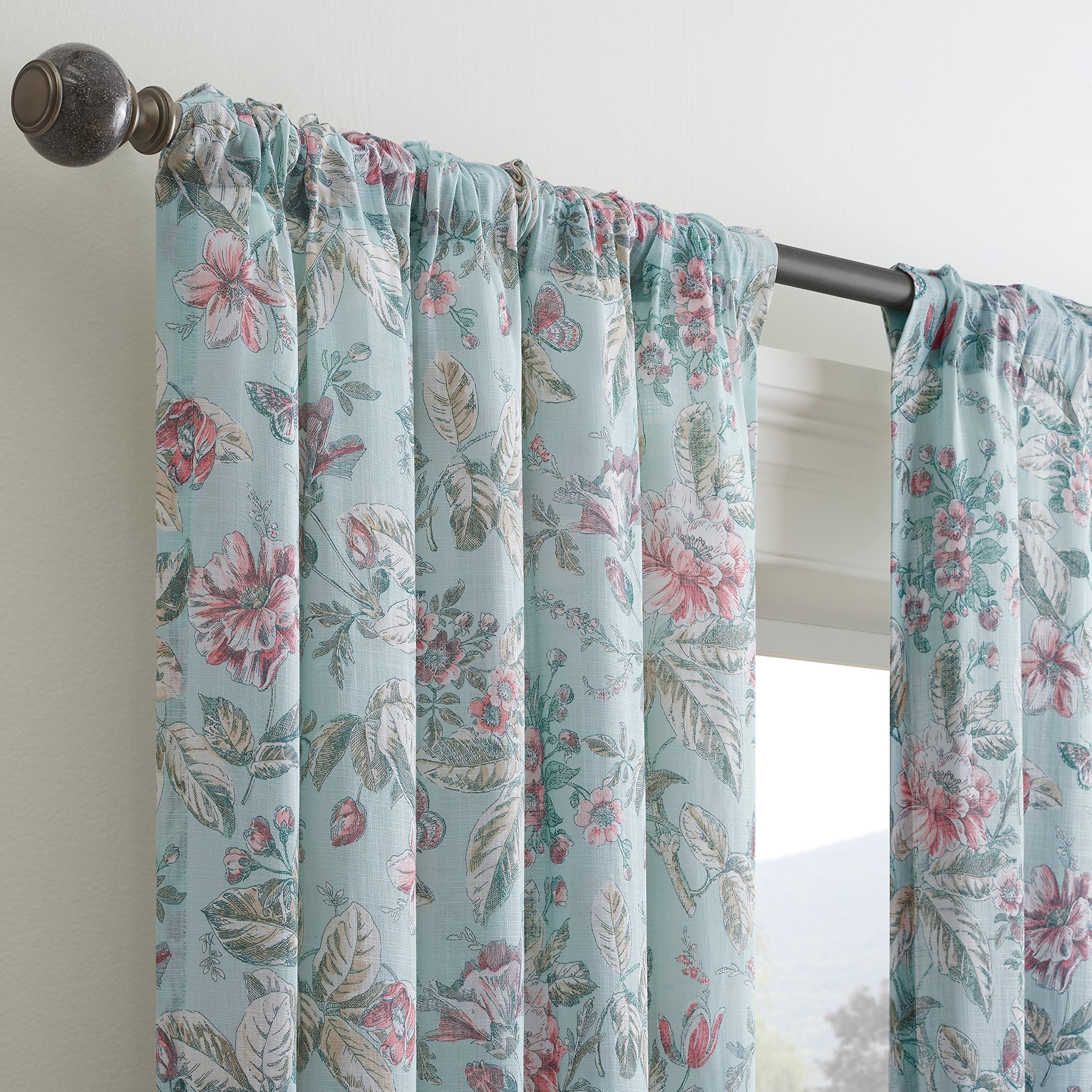 Waverly Porch Pavillion Floral Rod Pocket or Back Tab Sheer Window Curtain for Living Room (1 Panel), 50 in x 84 in, Aqua