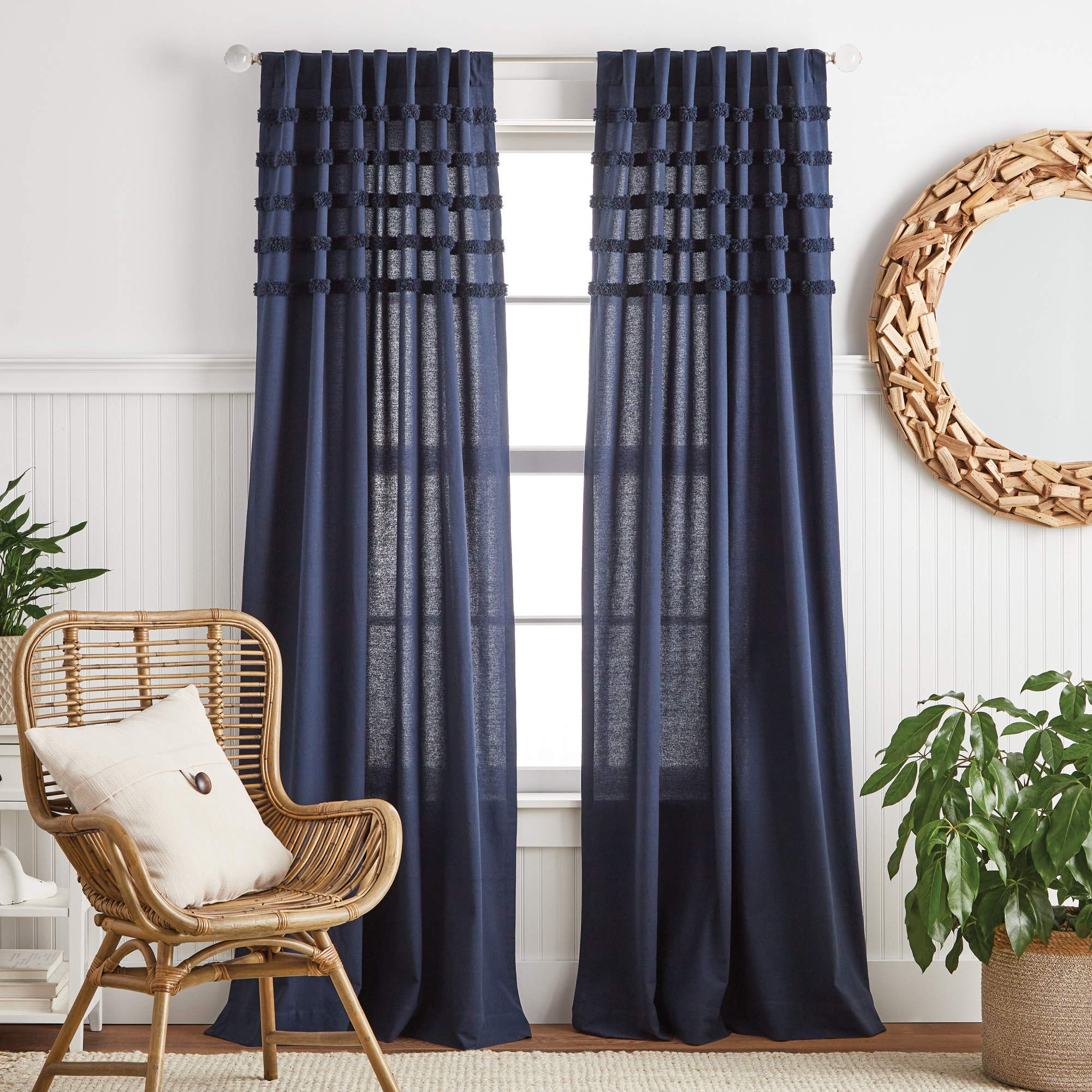 MARTHA STEWART Water's Edge Tufted Rod Pocket/Back Tab Window Curtain Panel Pair, 95", Navy