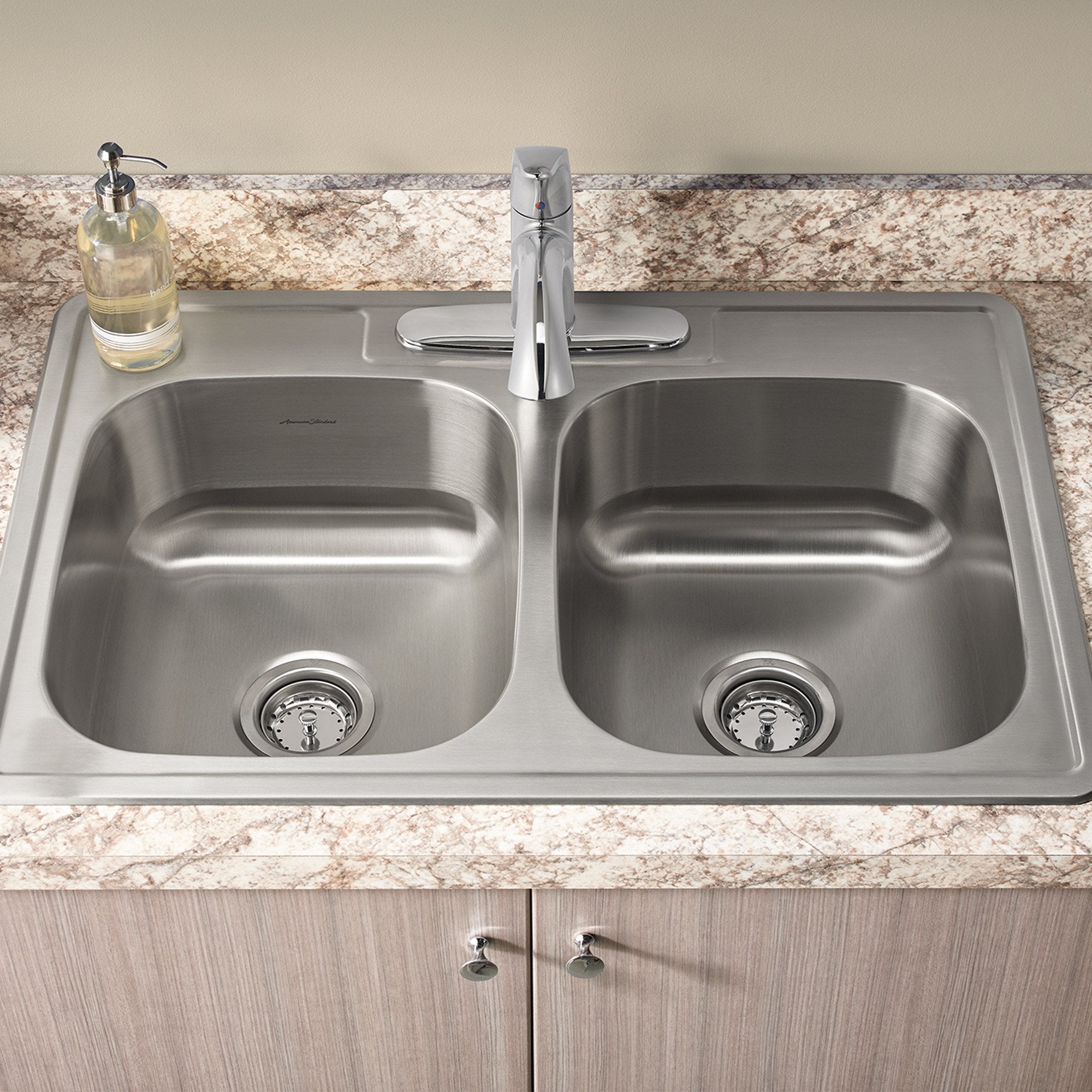 American Standard 20DB.8332283C.075 Colony 33x22 Double Bowl Kitchen Sink Kit with Faucet and Drain, Stainless Steel