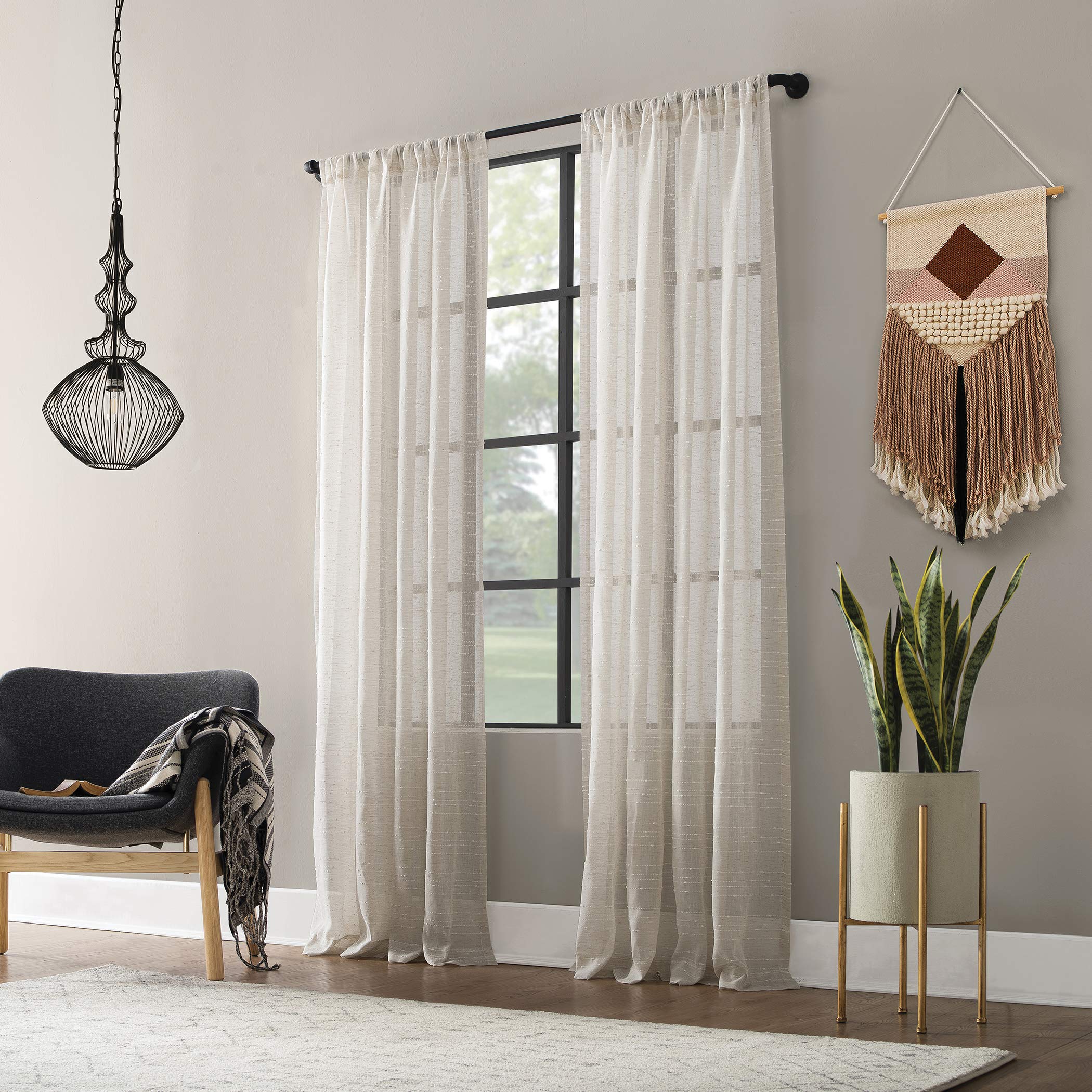 Clean Window Textured Slub Stripe Anti-Dust Allergy/Pet Friendly Sheer Curtain Panel, 52" x 84", Linen