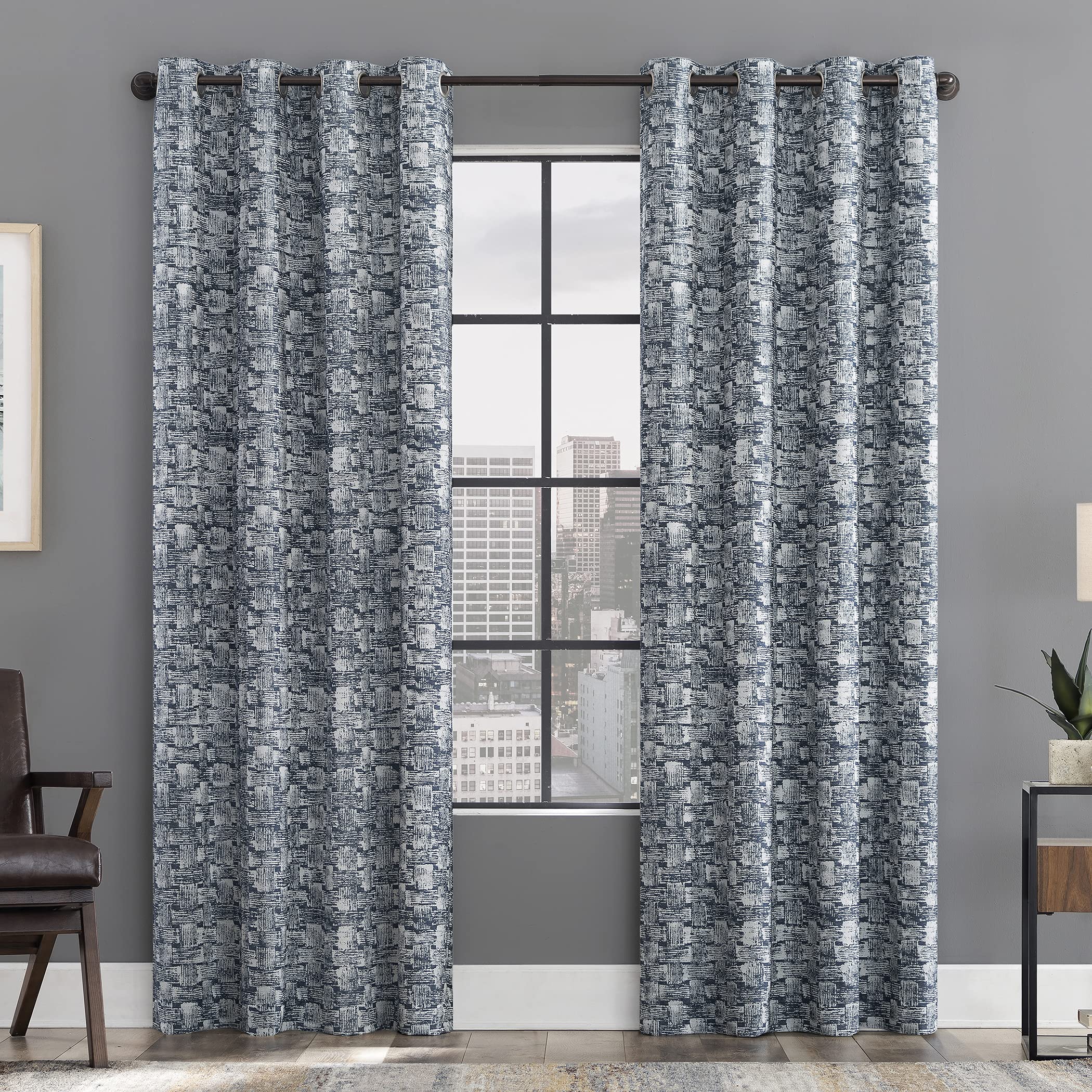 Scott Living Osaka Inverted Brushstrokes Cotton Blend Total Blackout Grommet Curtain Panel, 50" x 96", Blue