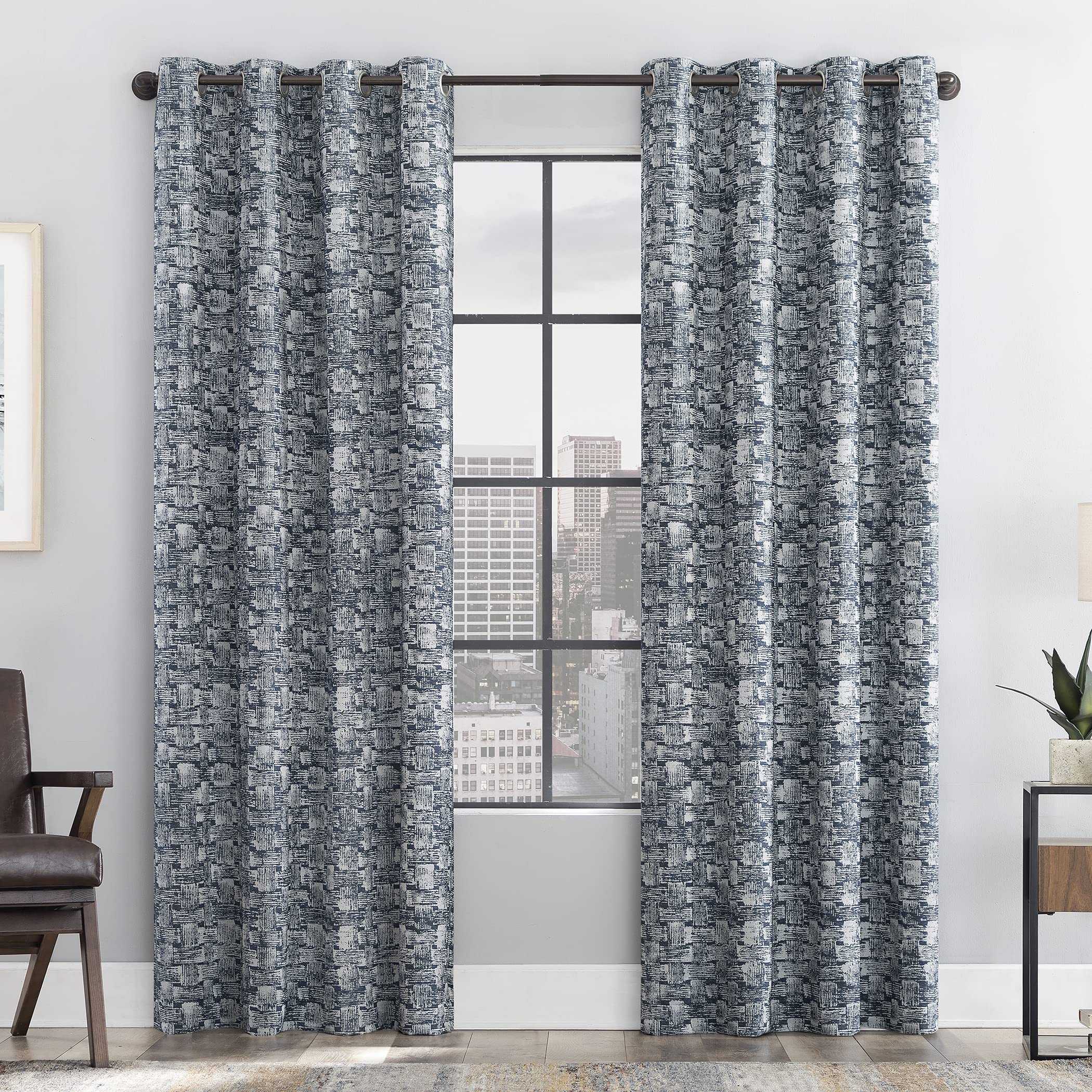 Scott Living Osaka Inverted Brushstrokes Cotton Blend Total Blackout Grommet Curtain Panel, 50" x 96", Blue