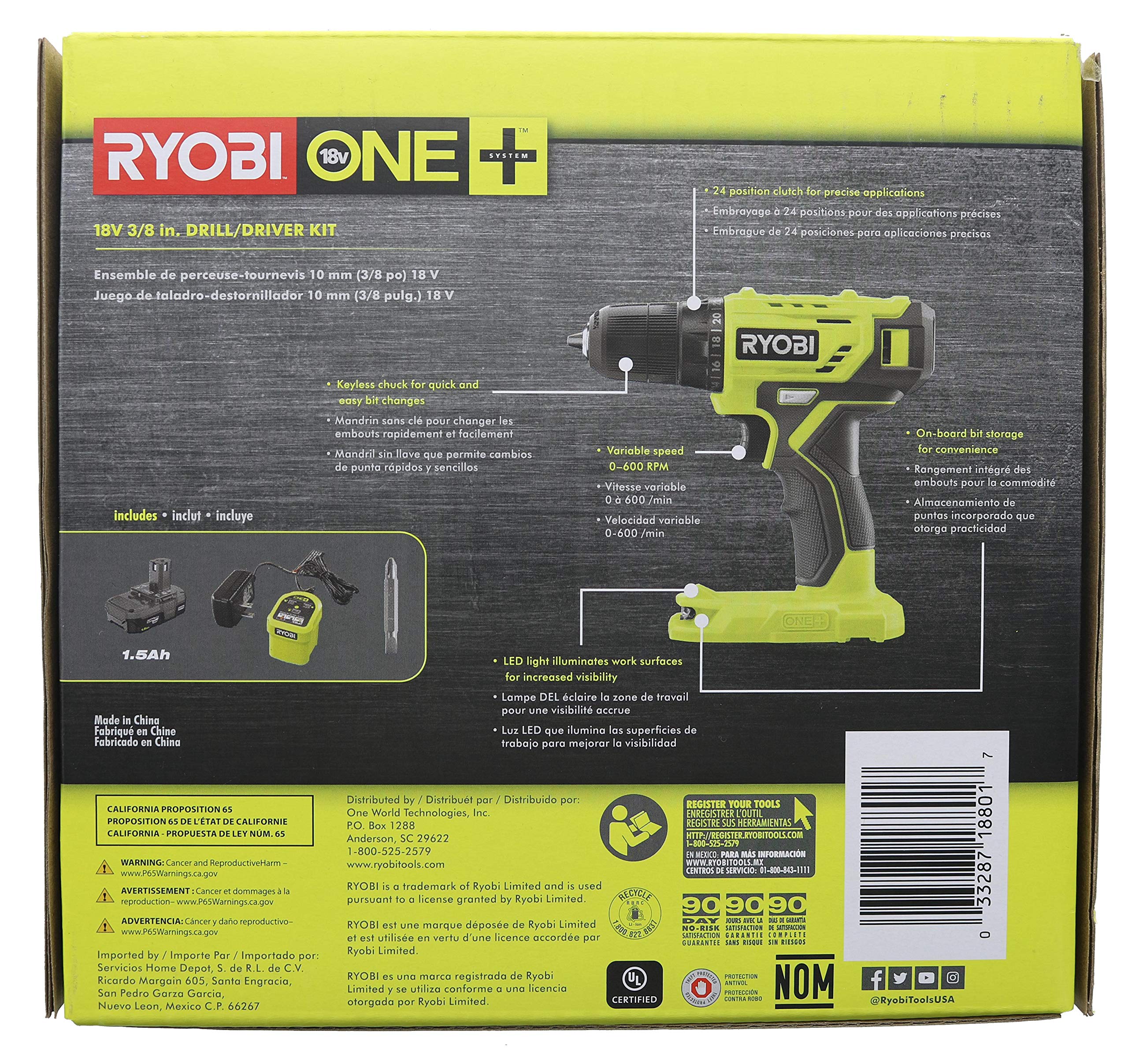 NEW Ryobi 18-Volt ONE+ Cordless 3/8 in. Drill/Driver Kit (PDD209K) with 1.5 ah lithium battery and charger