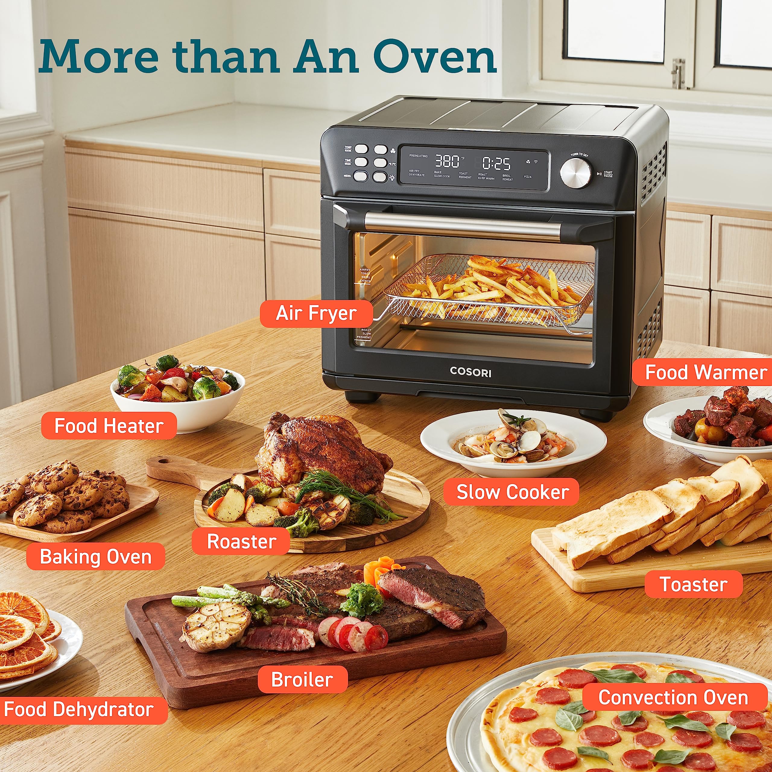 COSORI Toaster Oven Air Fryer Combo, 12-in-1, 26QT Convection Oven Countertop, with Toast, Bake, and Broil, Smart, 6 Slice Toast, 12'' Pizza, 75 Recipes&Accessories, Black