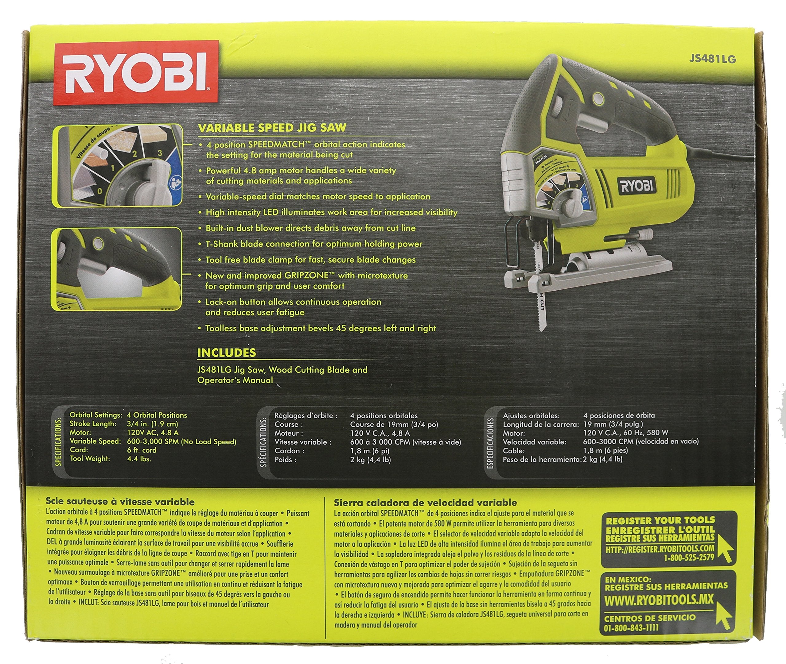 Ryobi JS481LG 4.8 Amp Corded Variable Speed T-Shank Orbital Jig Saw w/ Onboard LED Lighting System