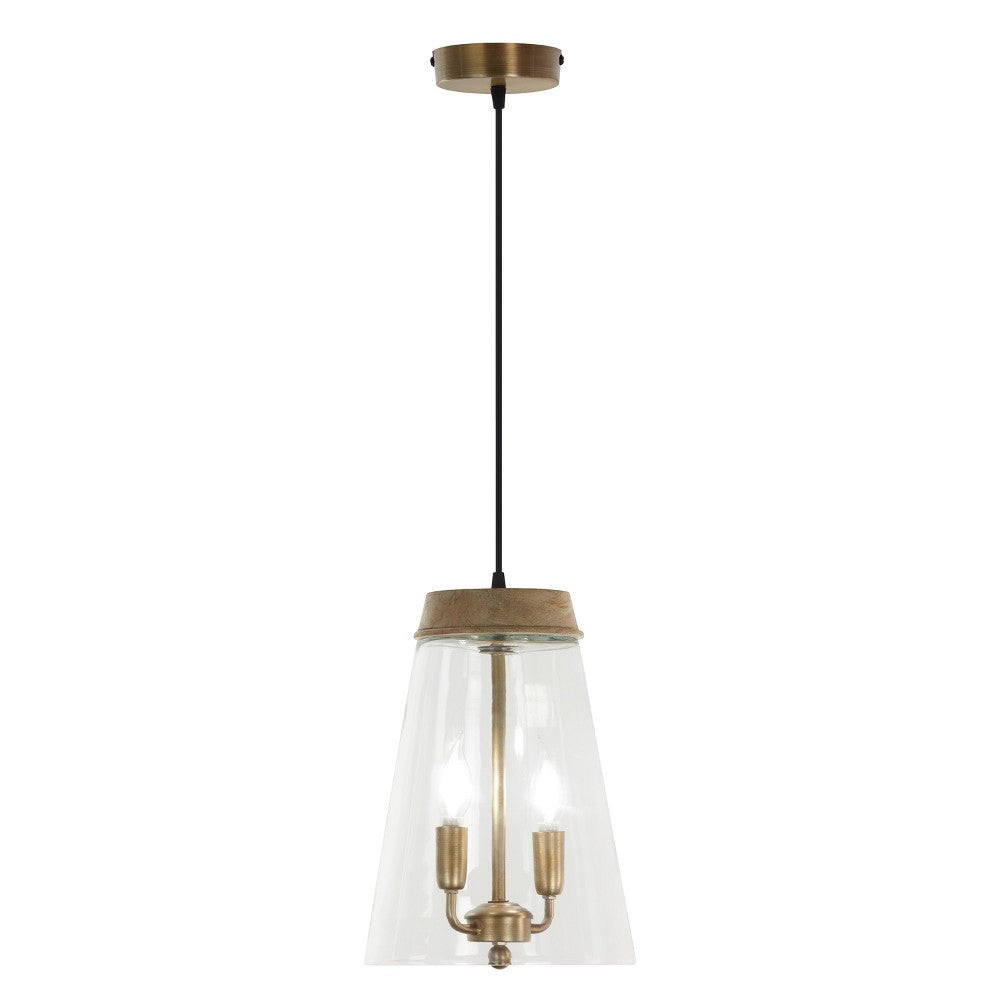 River of Goods 9.75" 2-Light Navarro Metal-Glass and Mango Wood Pendant: Industrial Style, UL Listed, Adjustable Height