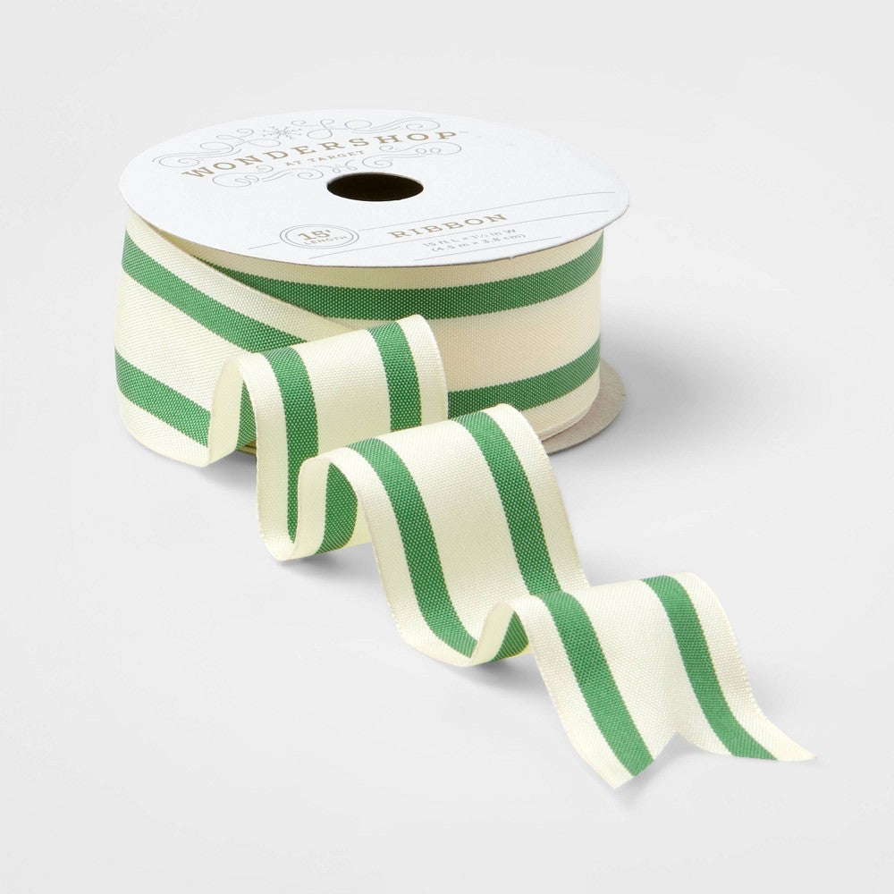 1.5" Striped Fabric Ribbon Cream/Green 15ft - Wondershop