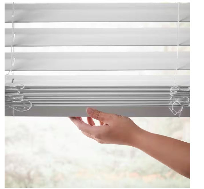 49" wide  2" faux wood cordless white blinds