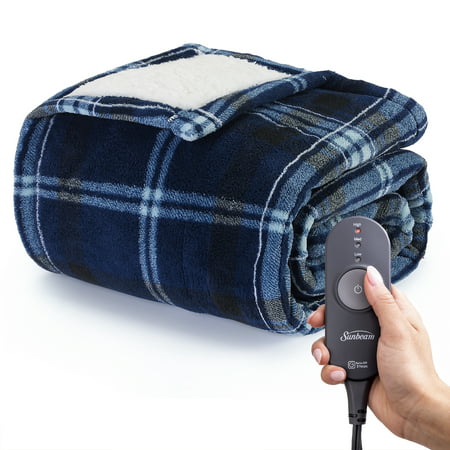 Sunbeam Blue Plaid Microplush Sherpa Heated Throw