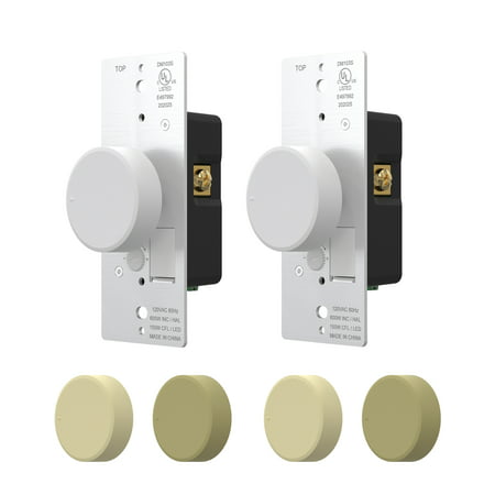 ELEGRP Push Button Rotary Dimmer Switch for Dimmable LED  CFL and Incandescent Bulbs  Single Pole/ 3-Way  White/Ivory/light Almond Knobs Included (2 Pack)