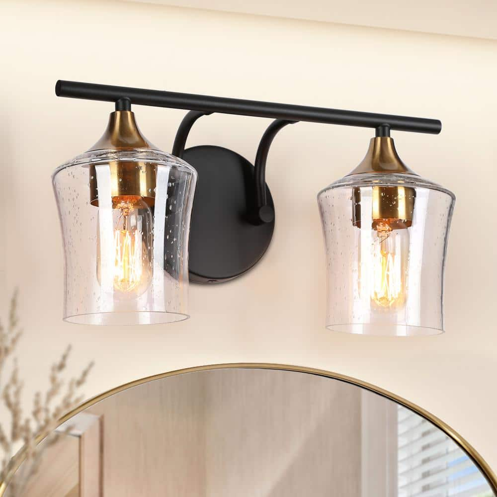 Zevni Jallie 14 in. Modern 2-Light Black Bathroom Vanity Lights Brass Gold Bath Lighting Seeded Glass Shade Wall Sconce