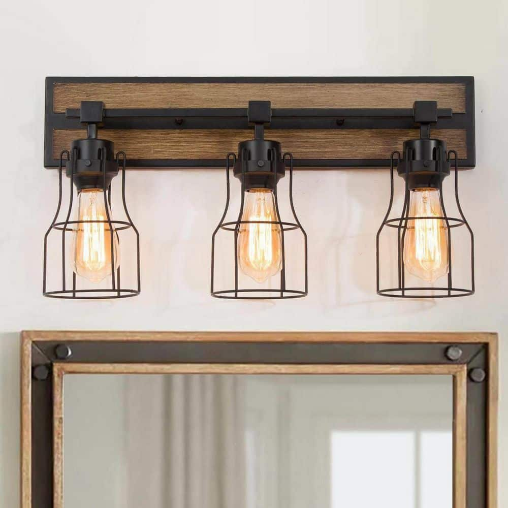 LNC Black Vanity Light 3-Light Farmhouse Vanity Light Industrial Wall Sconce Bathroom Wall Light with Faux Wood Accents