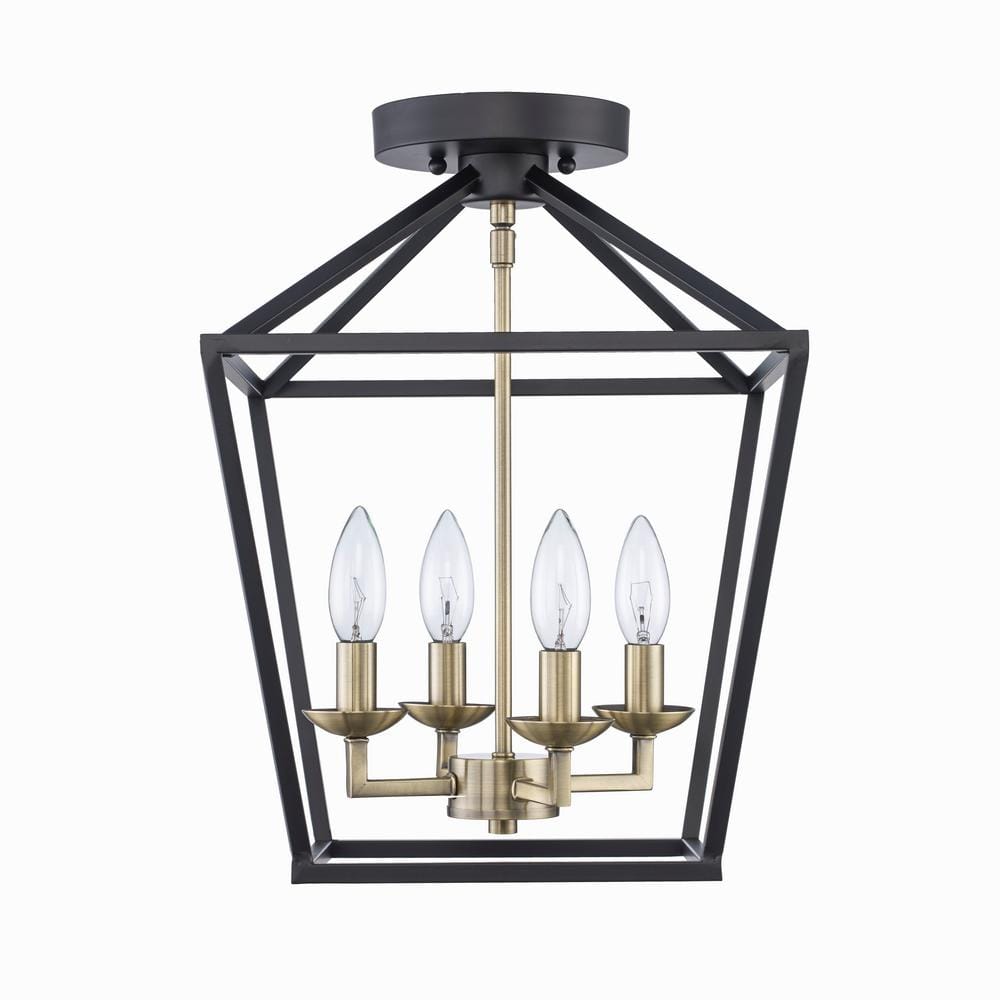 Weyburn 16.5 in. 4-Light Black and Gold Farmhouse Semi-Flush Mount Ceiling Light Fixture with Caged Metal Shade