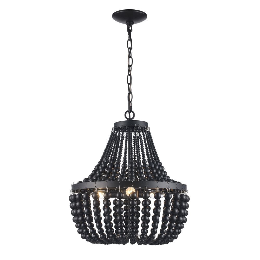 Hampton Bay Cayman 3-Light Black Chandelier Light Fixture with Black Faux Wood Beaded Shade