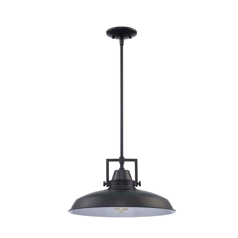 Hampton Bay Wilhelm 16 in. 1-Light Black Industrial Farmhouse Pendant Light Fixture with Metal Shade