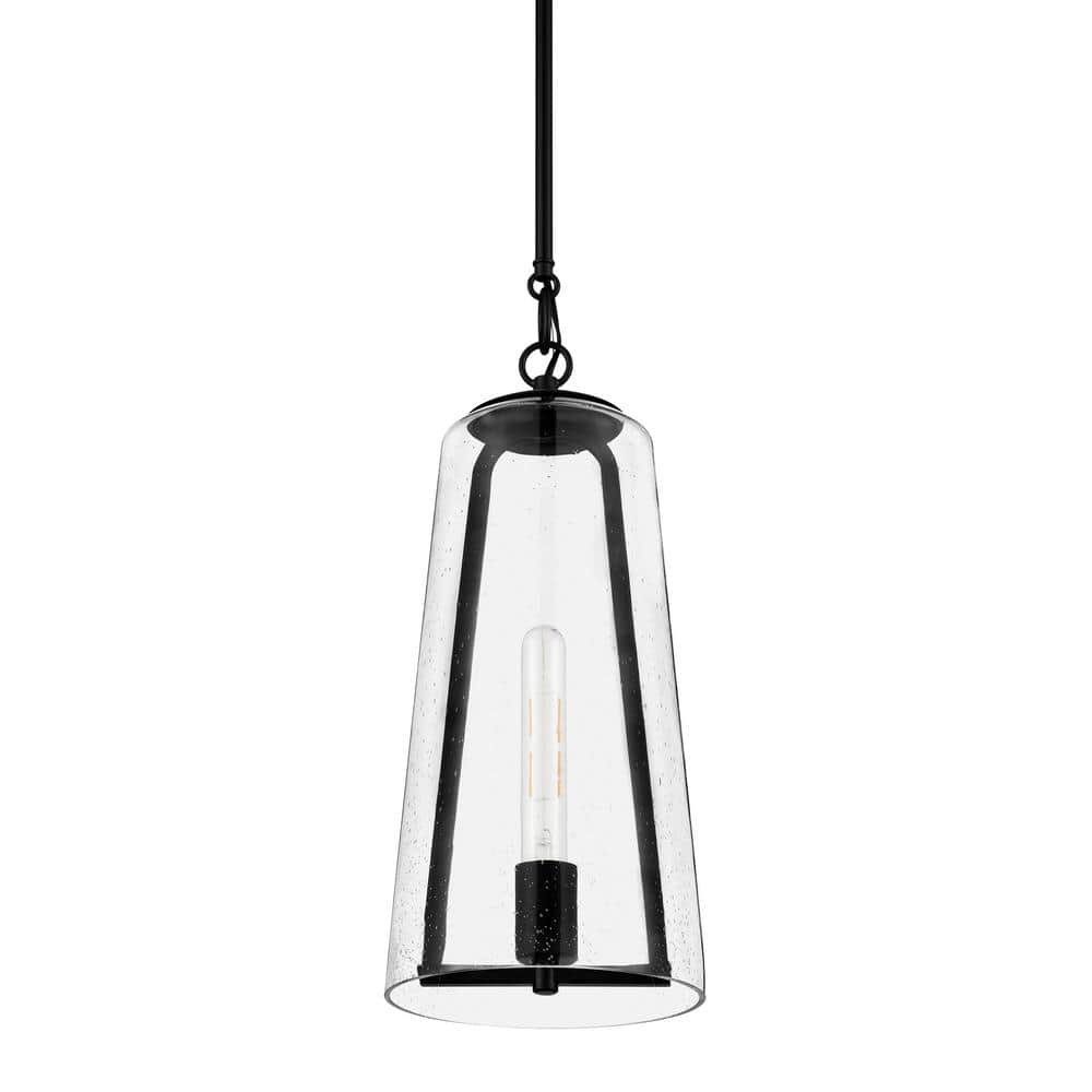 Home Decorators Collection Desmond 60-Watt 1-Light Black Pendant with Smoke Seedy Glass Shade