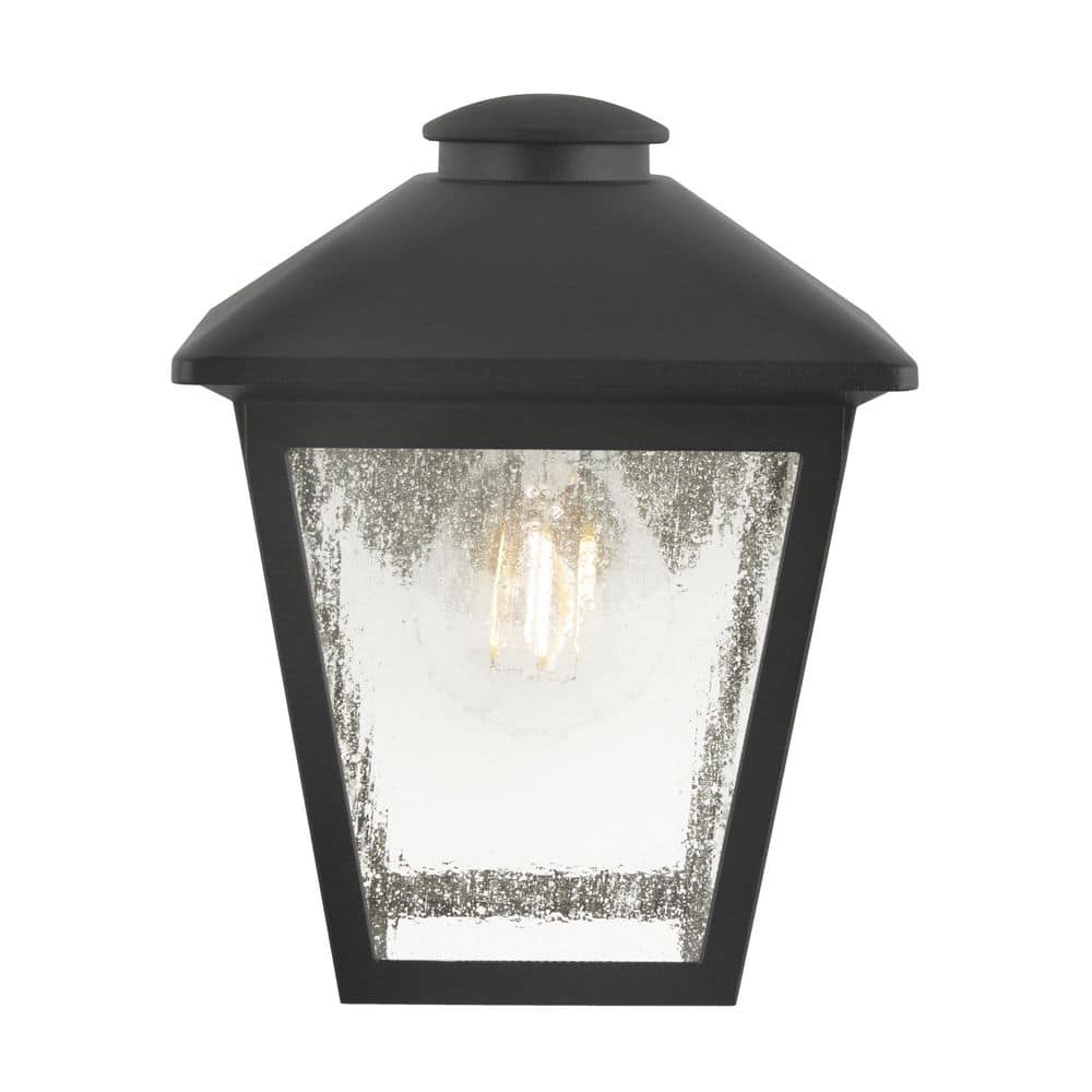 Hampton Bay Malena 1-Light Black Hardwired Outdoor Wall Lantern Sconce with Clear Seeded Glass