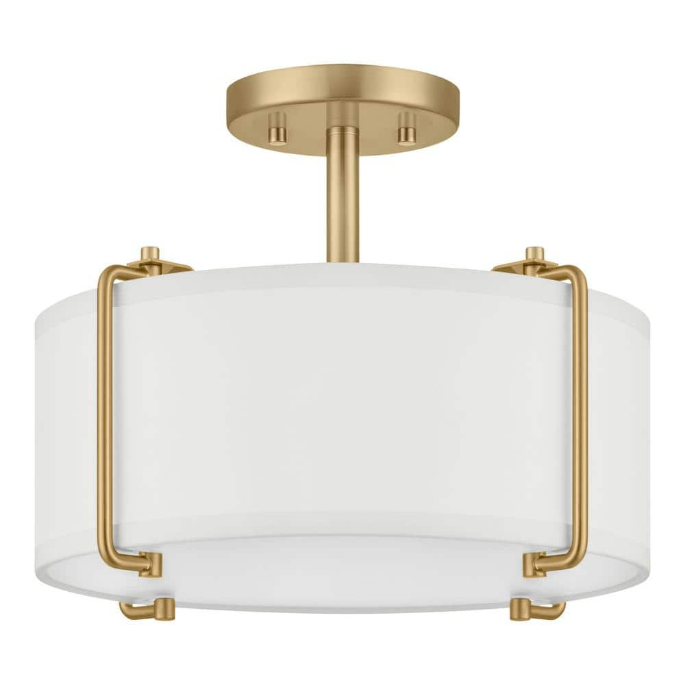 Home Decorators Collection Brookley 14 in. 2-Light Brushed Gold Semi-Flush Mount with White Fabric Shade