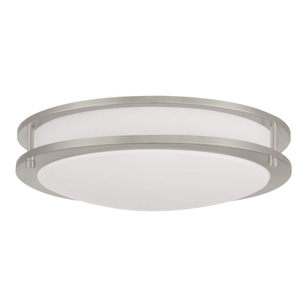 Flaxmere 14 in. Brushed Nickel Dimmable LED Flush Mount Ceiling Light with Frosted White Glass Shade