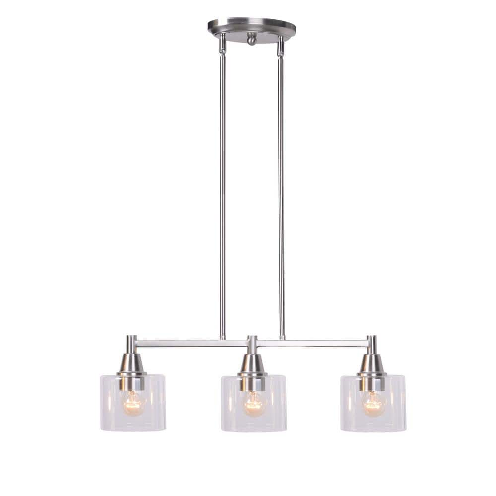 Oron 3-Light Brushed Nickel Linear Island Pendant Hanging Light  Kitchen Lighting with Clear Glass Shades