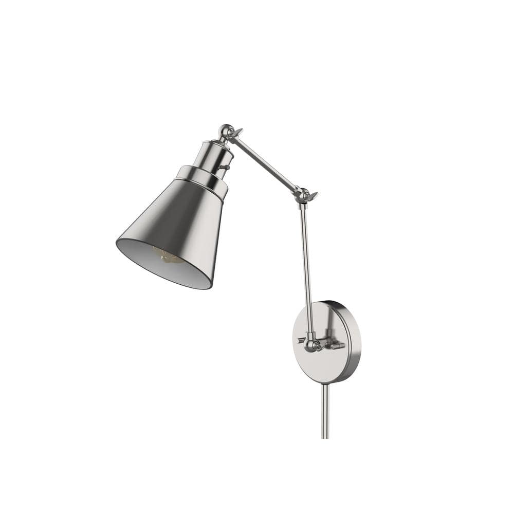 Hampton Bay 1-Light Brushed Nickel Plug-In/Hardwired Swing Arm Wall Lamp with 6 ft. Fabric Cord