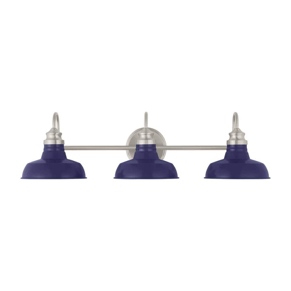 Elmcroft 29 in. 3-Light Brushed Nickel Modern Farmhouse Bathroom Vanity Light with Cobalt Blue Metal Shades