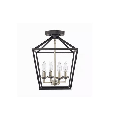 Weyburn 16.5 in. 4-Light Black and Gold Farmhouse Semi-Flush Mount Ceiling Light Fixture with Caged Metal Shade