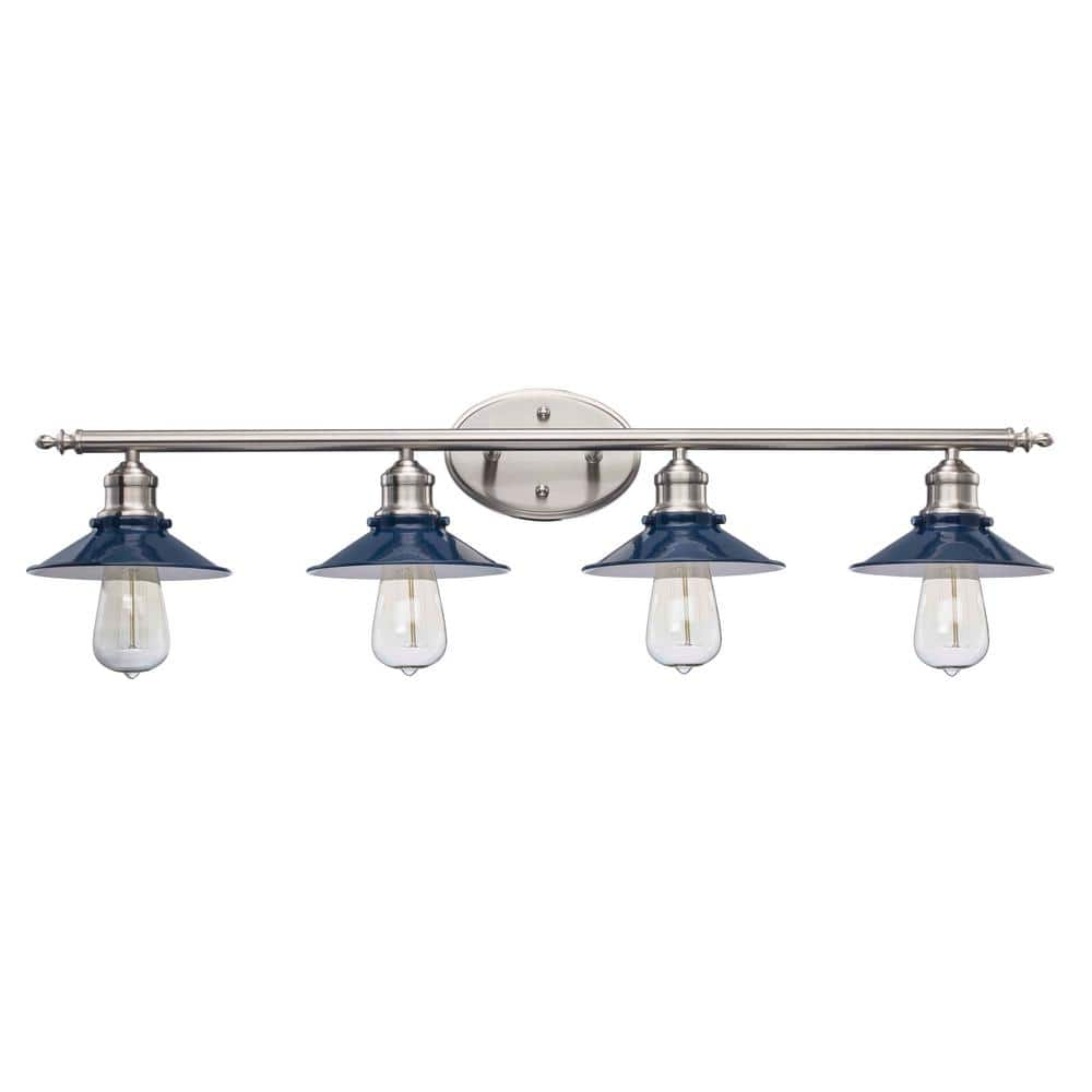 Hampton Bay Glenhurst 34 in. 4-Light Industrial Farmhouse Cobalt and Brushed Nickel Bathroom Vanity Light Fixture with Metal Shades