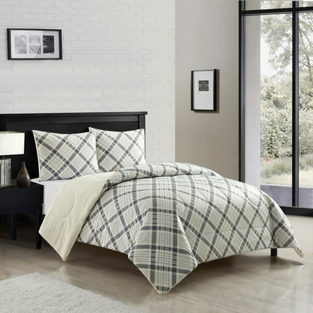 Mainstays Reverse to Sherpa Comforter Set  Full/Queen  Grey Plaid  Polyester
