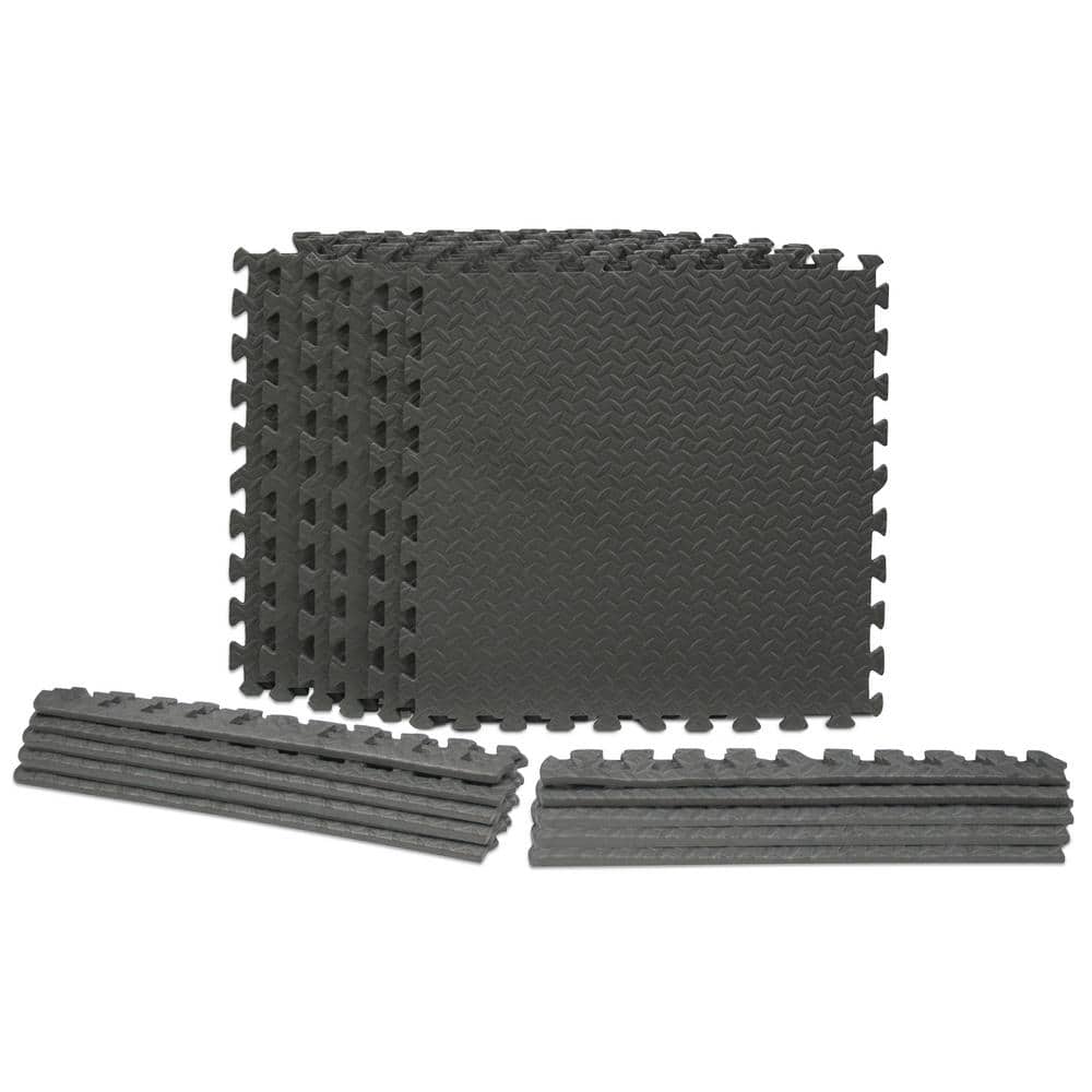 TrafficMaster Dark Gray 24 in. W x 24 in. L x 0.5 in. Thick Foam ExerciseGym Flooring Tiles (6 TilesCase) (24 sq. ft.), Dark Gray Diamond Plate Finish with Borders