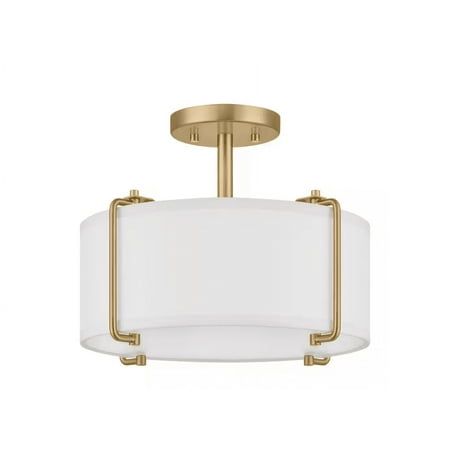 Home Decorators Collection Brookley 14 in. 2-Light Brushed Gold Semi-Flush Mount with White Fabric Shade