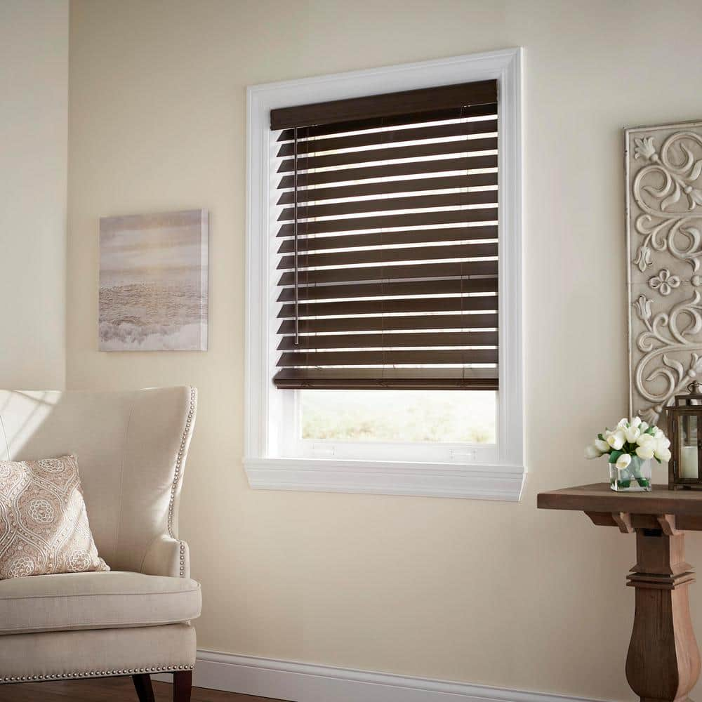 Home Decorators Collection Espresso Cordless Premium Faux Wood Blinds with 2.5 in. Slats - 35 in. W x 64 in. L (Actual Size 34.5 in. W x 64 in. L), Brown