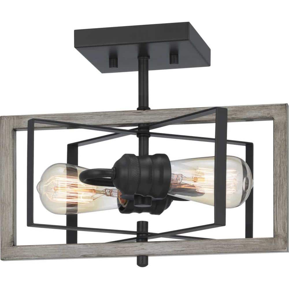 Home Decorators Collection Palermo Grove 2-Light Graphite Semi-Flush Mount, Farmhouse Ceiling Light with Bleached Oak Accents