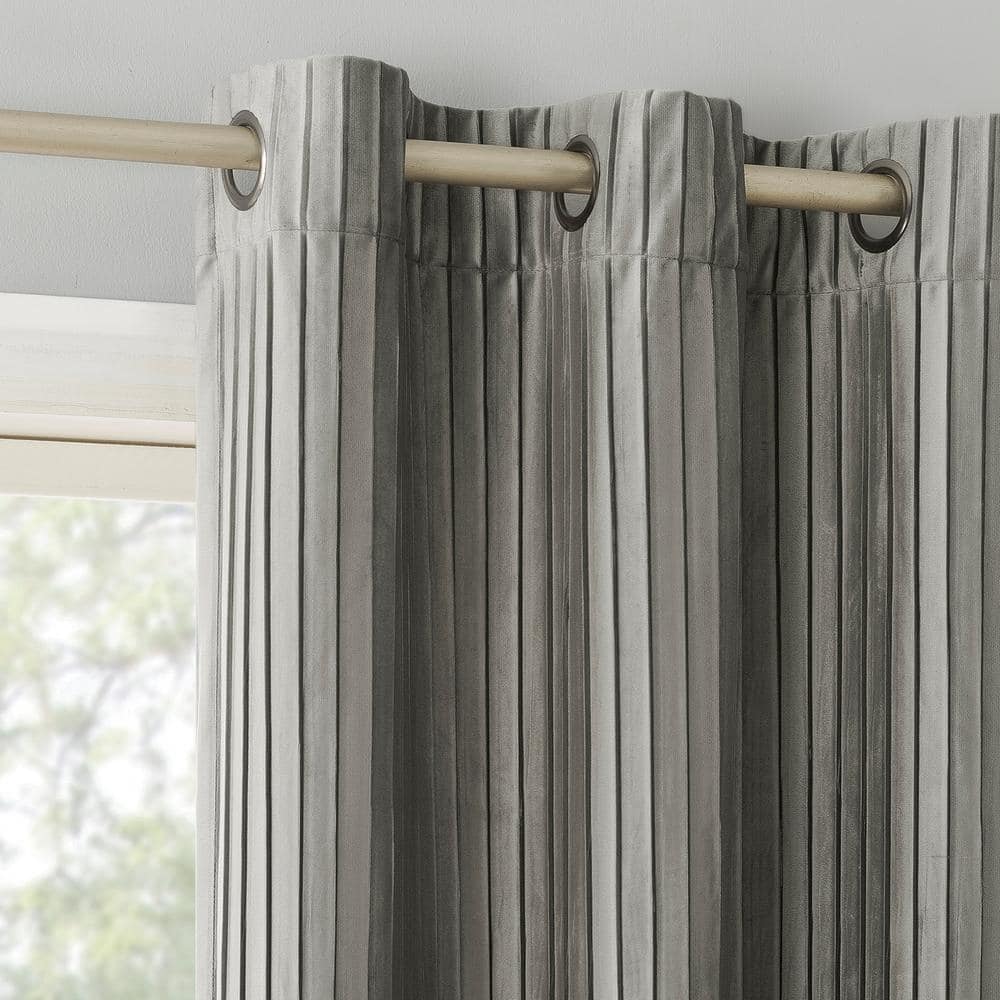 Sun Zero Cascade Pleated Velvet 100% Blackout Single Curtain Panel, Grey, 40X84