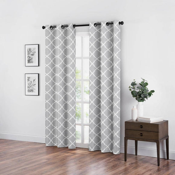 Eclipse Fret Thermaback Grey Lattice Polyester 42 in. W x 84 in. L Blackout Single Grommet Top Curtain Panel