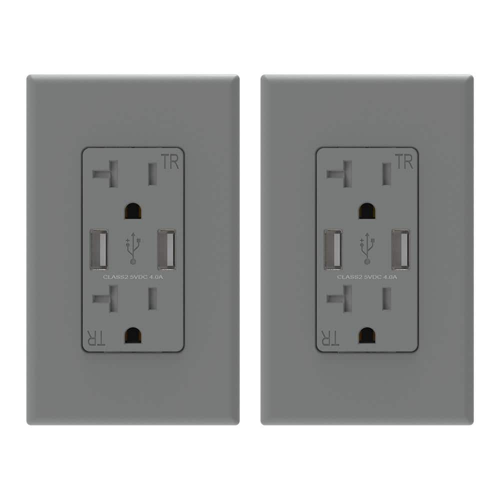 ELEGRP USB Wall Charger  Dual USB Type A 4.0 Amp  W/ 20A Duplex TR Receptacle  W/ Wall Plate  R1620D40-GR2 UL Listed (2pcs-in  Gray)