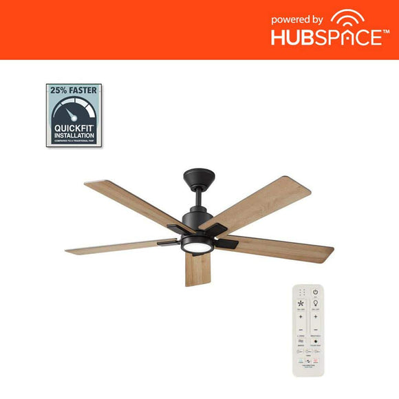 Hampton Bay Zandra 52 in. White Changing Integrated LED Matte Black Smart Hubspace Ceiling Fan with Light Kit and Remote Included