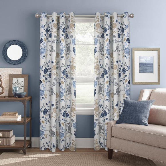 Colordrift Indigo Floral Polyester 52 in. W x 84 in. L Grommet Room Darkening Curtain Panel, Blue